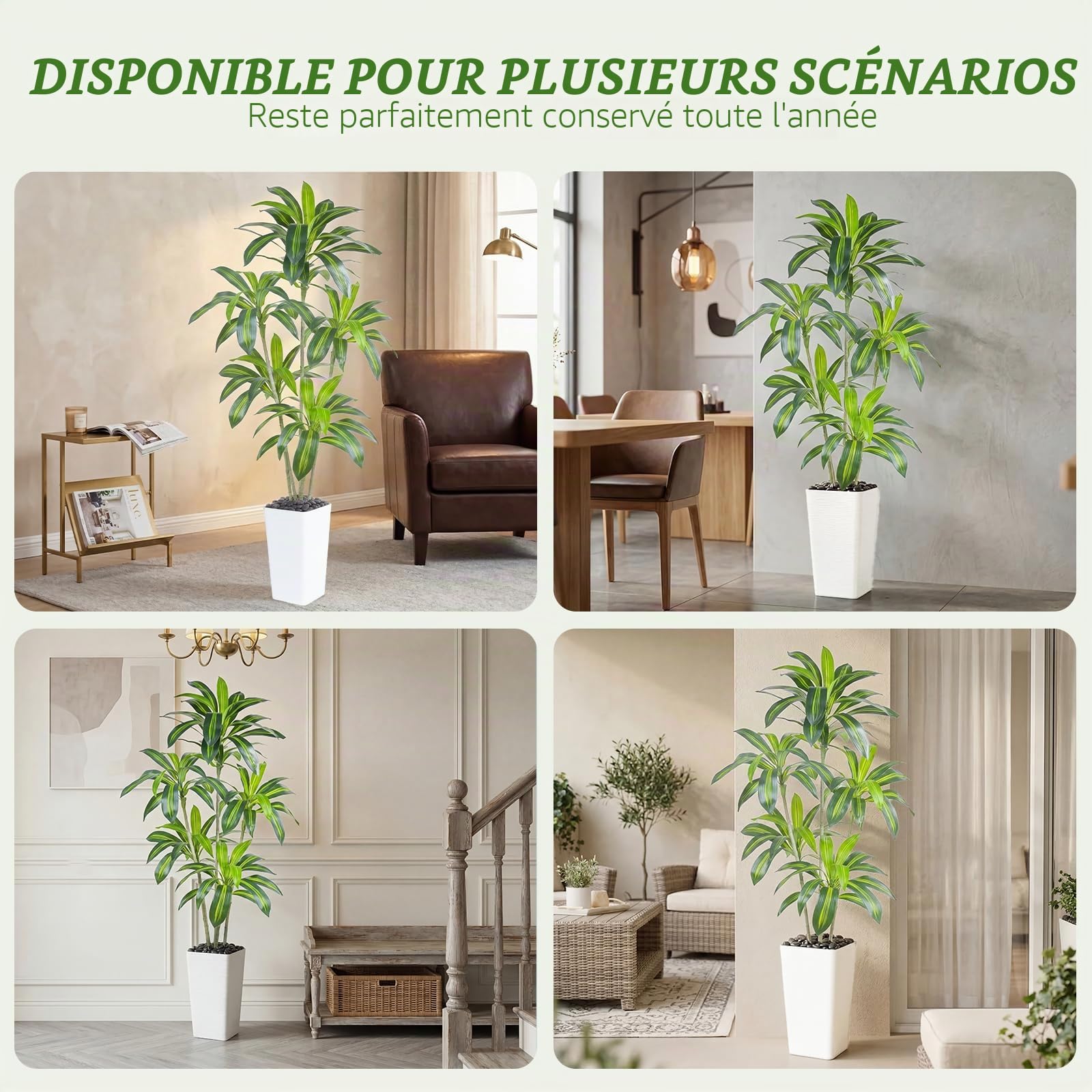 Plante Artificielle Dracaena Intérieur 180cm Arbre Artificiel Dracaena Faux Arbre en Soie avec Jardinière Blanche Faux Tropical Yucca Floor Plant pour Bureau à Domicile Décorati (1, Blanc, 180CM)