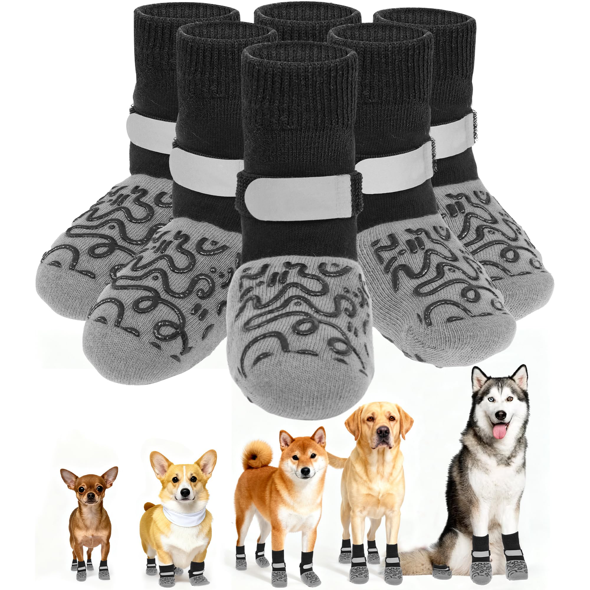 HXIAOBANN 6Pcs Non Slip Dog Socks for Hardwood Floors, 3rd Gen Dog Paw Protector, Prevent Licking Paws, Double Sided Grips and Reflective Straps,
