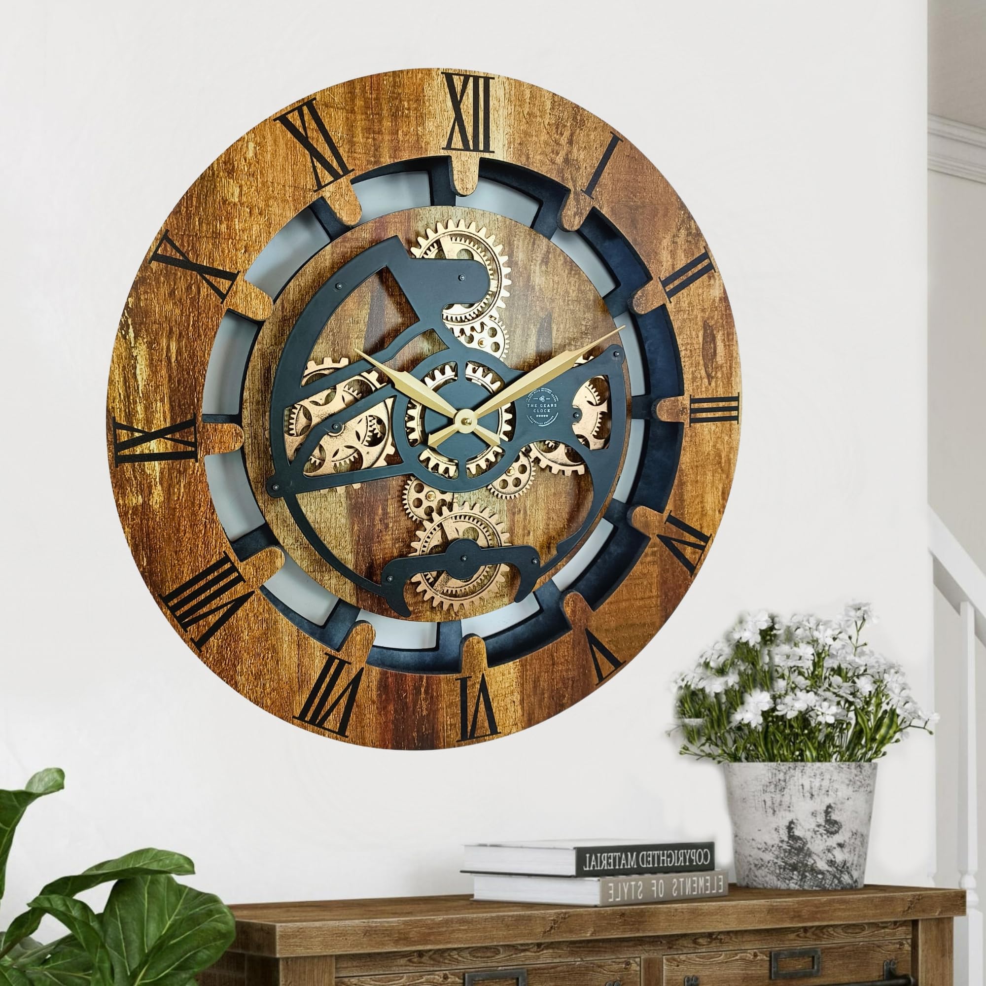 Reloj de pared THE GEARS CLOCK con engranajes móviles reales de la línea Canada de 60 cm redondo (marrón vintage, 60 cm)