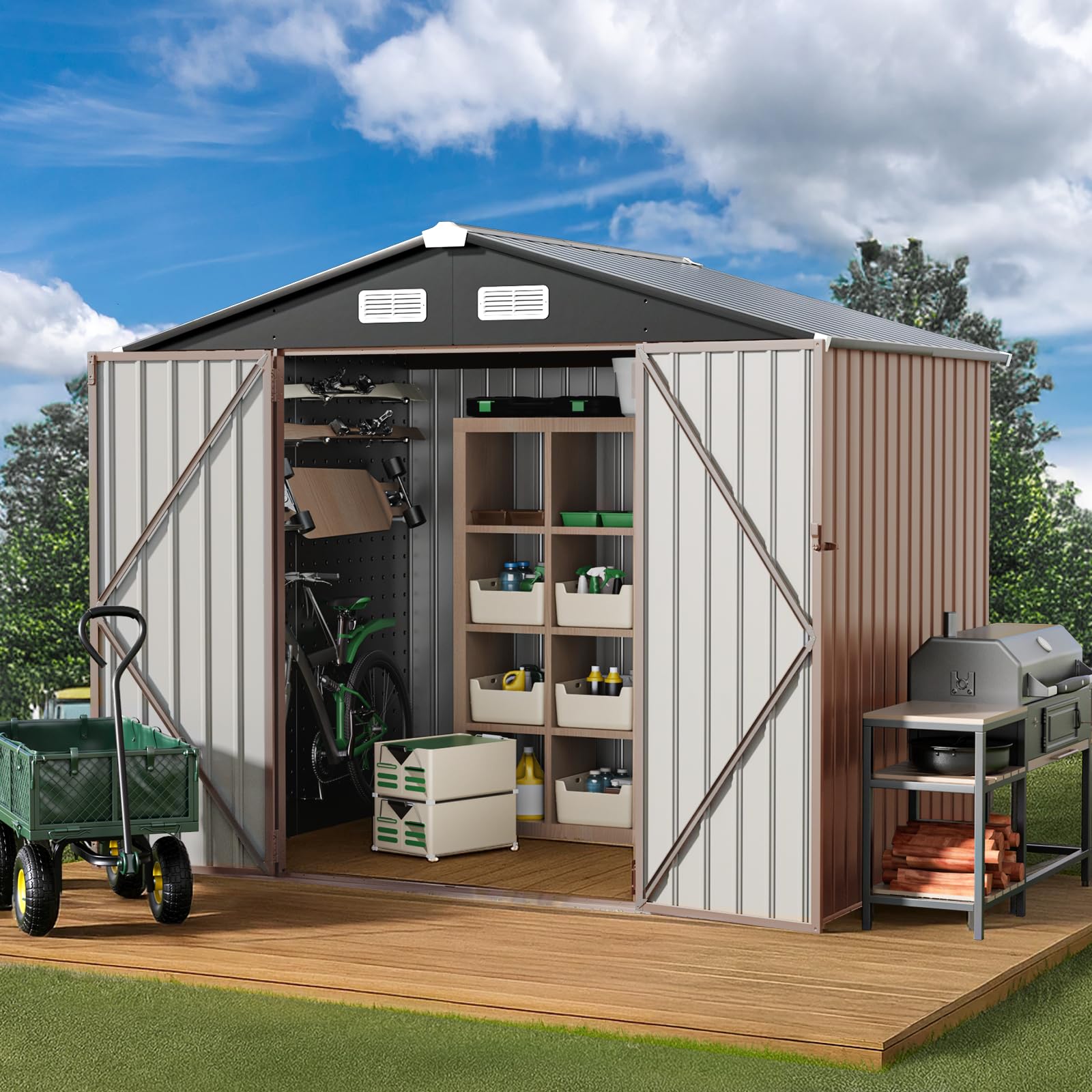 GVDV Geräteschuppen Metall 236 x 171 x 197 cm – Gerätehaus mit Belüftung & abschließbaren Türen,Wetterfester Outdoor Geräteschrank für Garten,Terrasse & Hof – Für Fahrräder,Werkzeuge & Rasenmäher