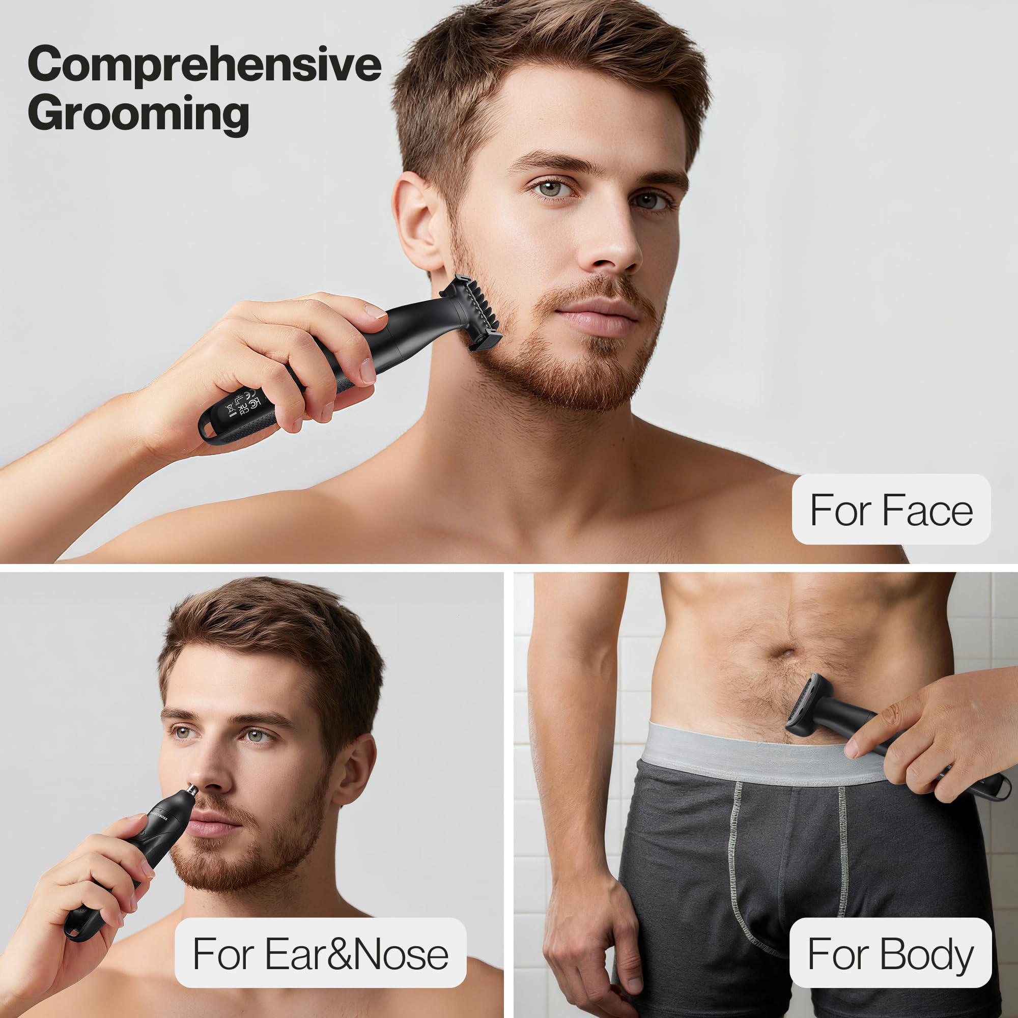 BarberBoss Set per la toelettatura dei dettagli, 3 in 1, per uomo, barba, parrucchiere, body groomer, trimmer naso e orecchie, rasoio senza fili con ricarica USB (Nero)