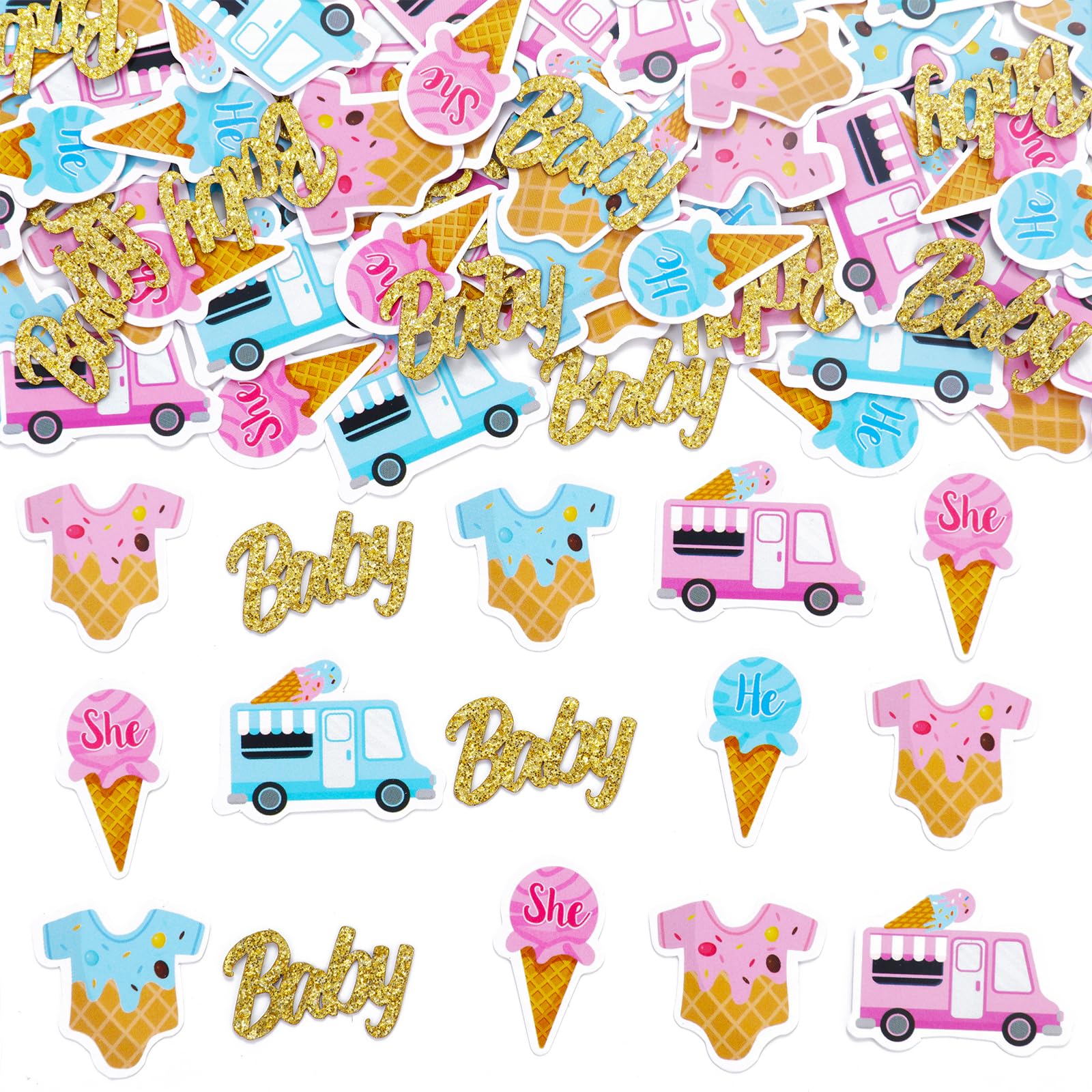 JOYMEMO 200 Pieces What's The Scoop Confetti Pink and Blue - Ice Cream Theme Boy or Girl Gender Reveal Decorations, Double Sided Printing Paper Confetti Scatter Table Decor for Pregnancy Baby Shower