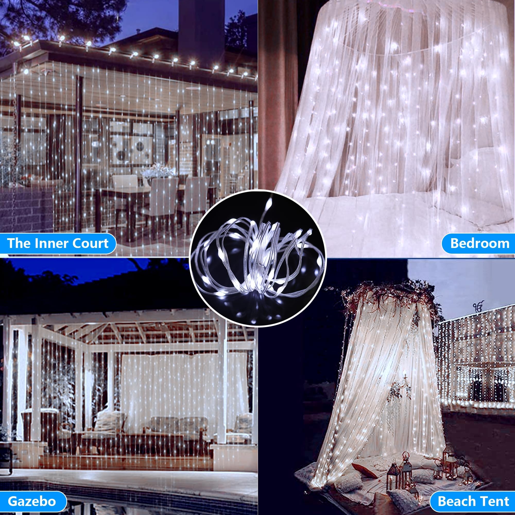Tenda luminosa solare per esterni, 6 x 3 m, 600 LED, 8 modalità, per interni ed esterni, con telecomando timer e memoria, ricarica USB, IP65 impermeabile
