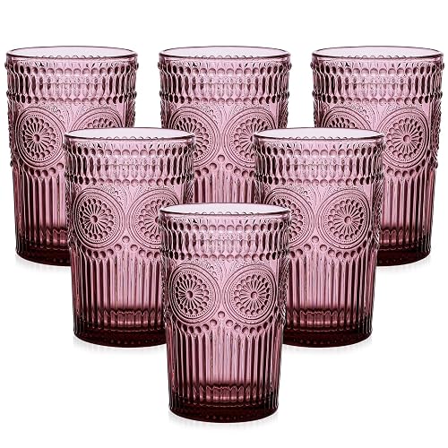 ZMOWIPDL 13oz Flower Design Purple Glass Cups Set of 6
