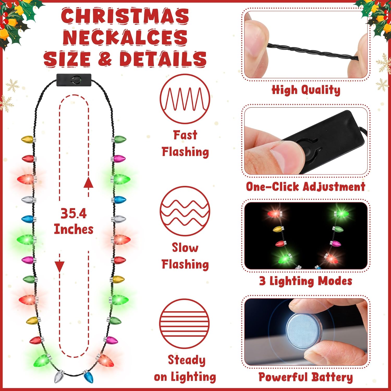 Strawberry Necklaces Light up with 8 Lighting Bulbs, Christmas Necklaces Decor Party Decorations Supplies Ugly Sweater Accessories - Image 6