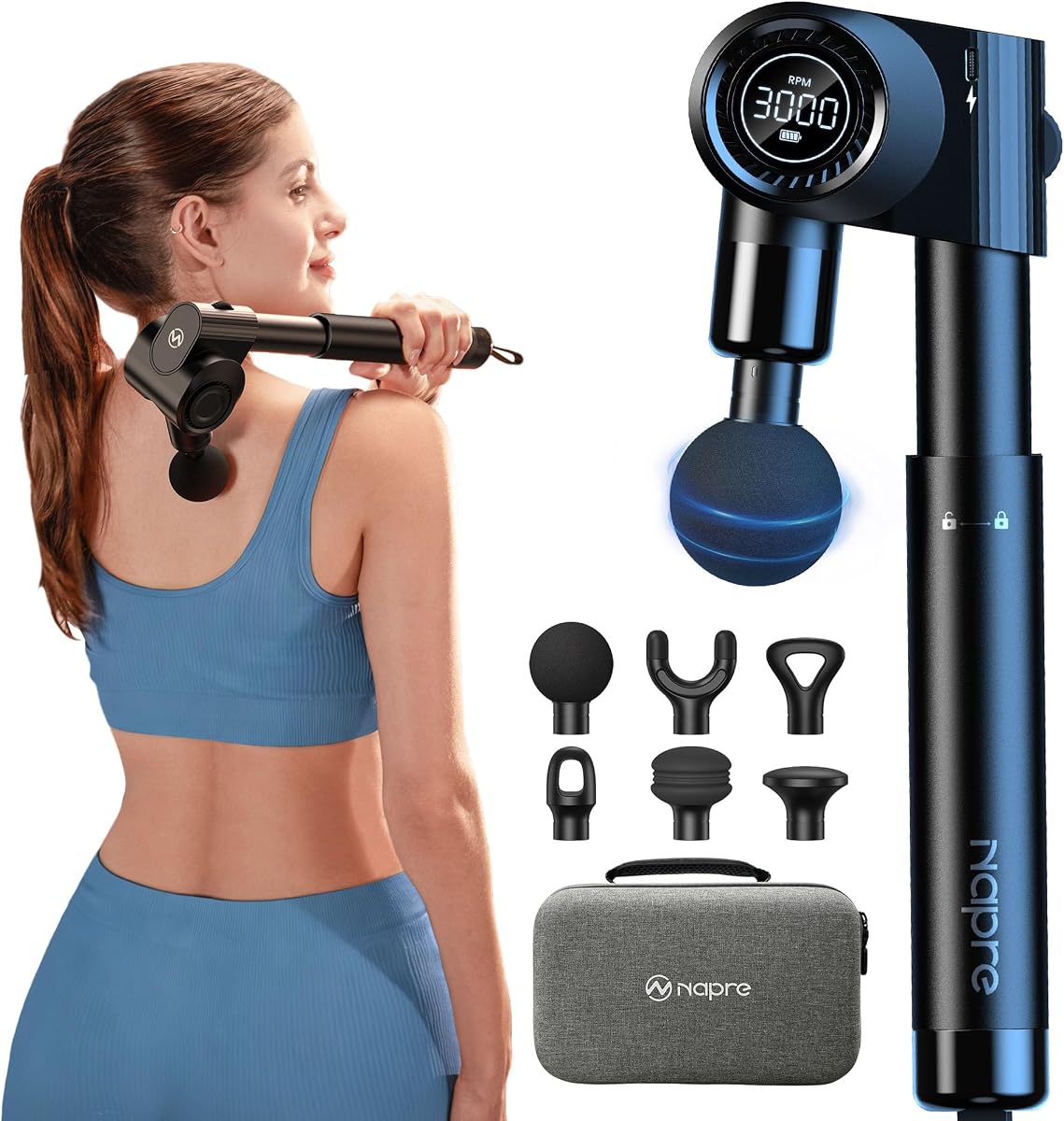 Pistola de masaje plegable con mango de extensión y 5 ángulos ajustables, masaje de espalda de tejido profundo para aliviar el dolor de cuello/cuerpo, masajeador muscular de percusión de mano, 32 velocidades, 6 cabezas y silencioso, con estuche
