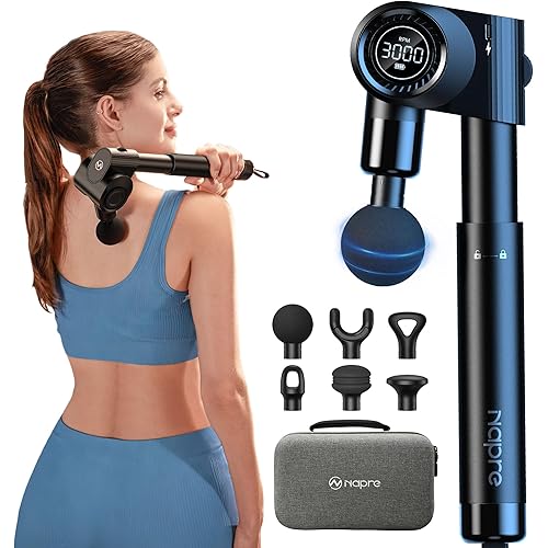 NAPRE Foldable Massage Gun with Extension Handle & 5 Adjustable Angles,Deep Tissue Back Massage for Neck/Body Pain Relief,Handheld Percussion Muscle Massager,32 Speeds,6 Heads & Silent,with Case