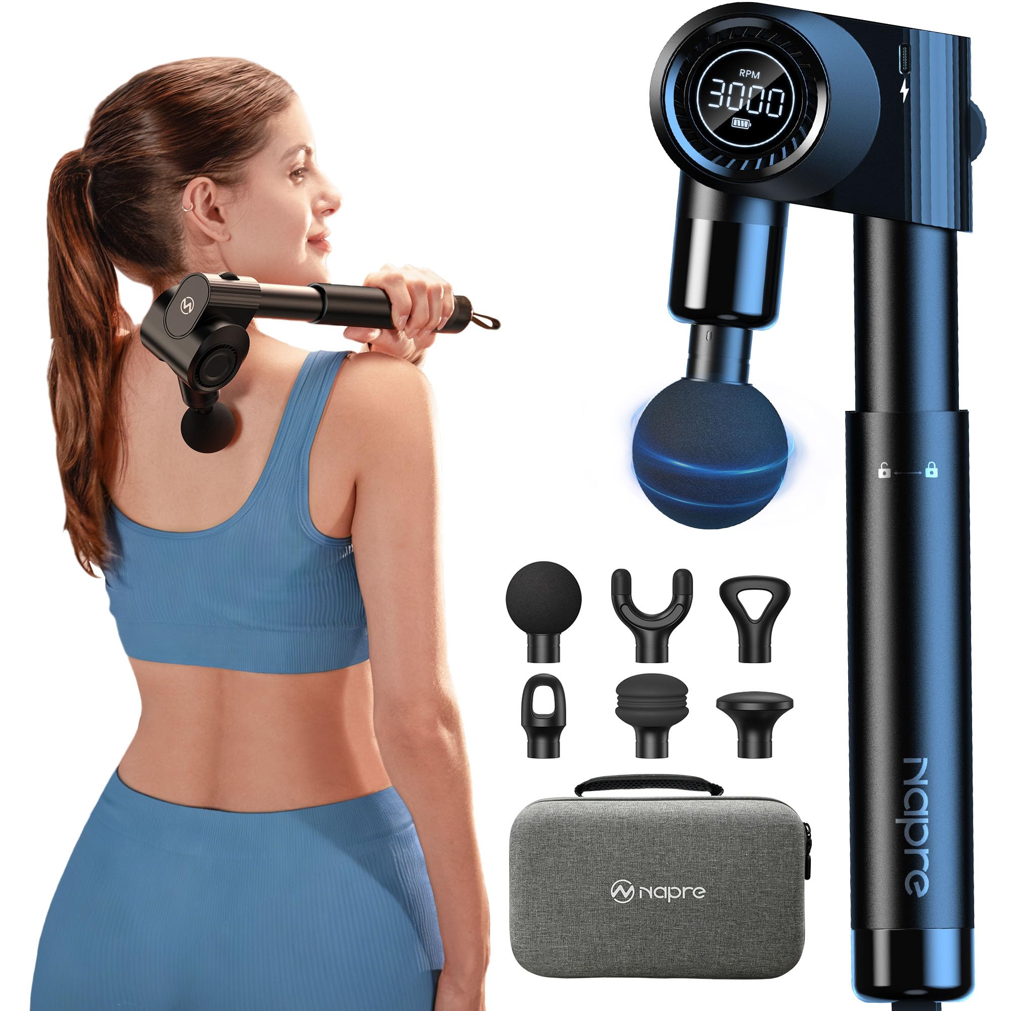 NAPRE Foldable Massage Gun with Extension Handle & 5 Adjustable Angles,Deep Tissue Back Massage for Neck/Body Pain Relief,Handheld Percussion Muscle Massager,32 Speeds,6 Heads & Silent,with Case