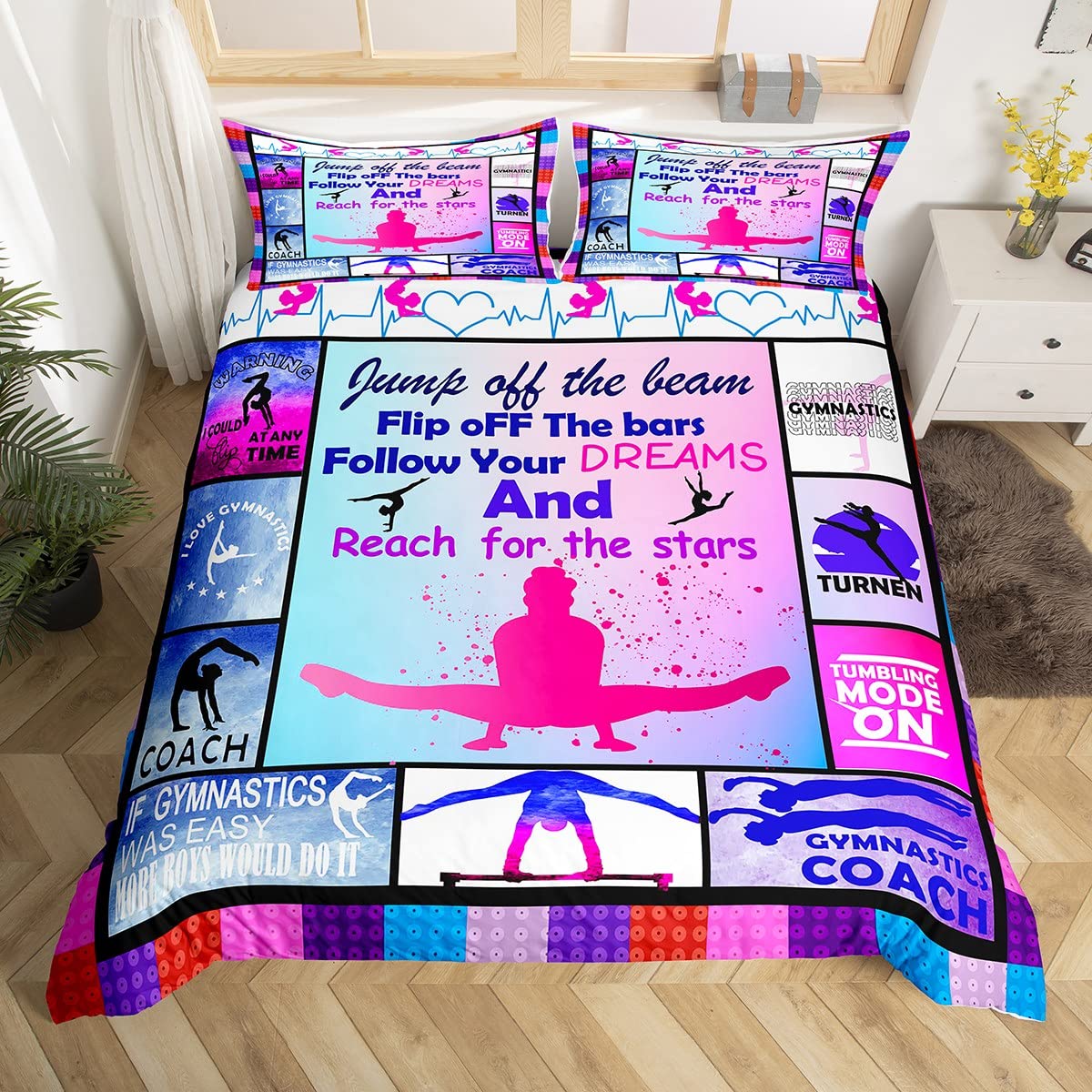 Homemissing Gymnastics Duvet Cover Gymnastics Lovers Bedding Set For Kids Boys Children Gymnast Sports Comforter Cover Set Ultra Soft Decor Plaid Grid Purple Bedspread Cover King Size 3Pcs