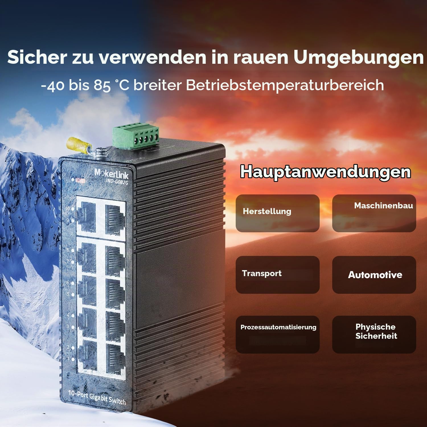 MokerLink 10 Port Gigabit Industrial DIN-Rail Ethernet Switch, Unmanaged IP40 Netzwerk-Switch (-40 bis 185°F), Mini-Format, mit Netzteil