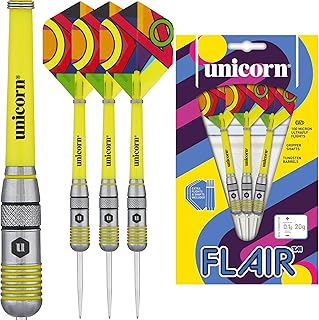 Darts Set | Flair | 80% Natural Tungsten Barrels with Black & Yellow Accents & Laser Etched U Logo Hallmark | Steel Tip | Extra Flights & Shafts | 20 g, 21 g, 22 g, 23g or 24 g