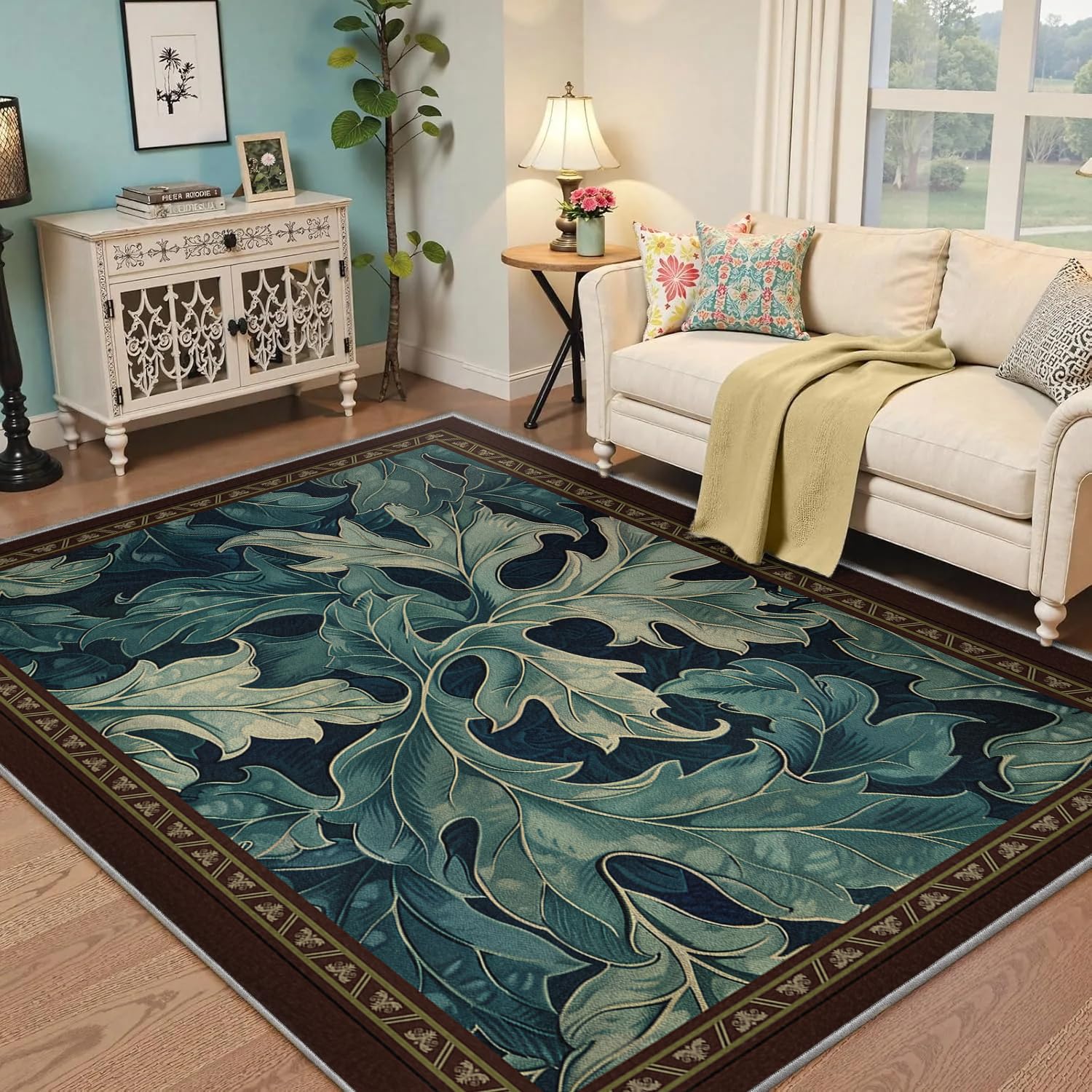 Tapis maximaliste vintage bleu océan 160x230 cm pour grand salon ouvert