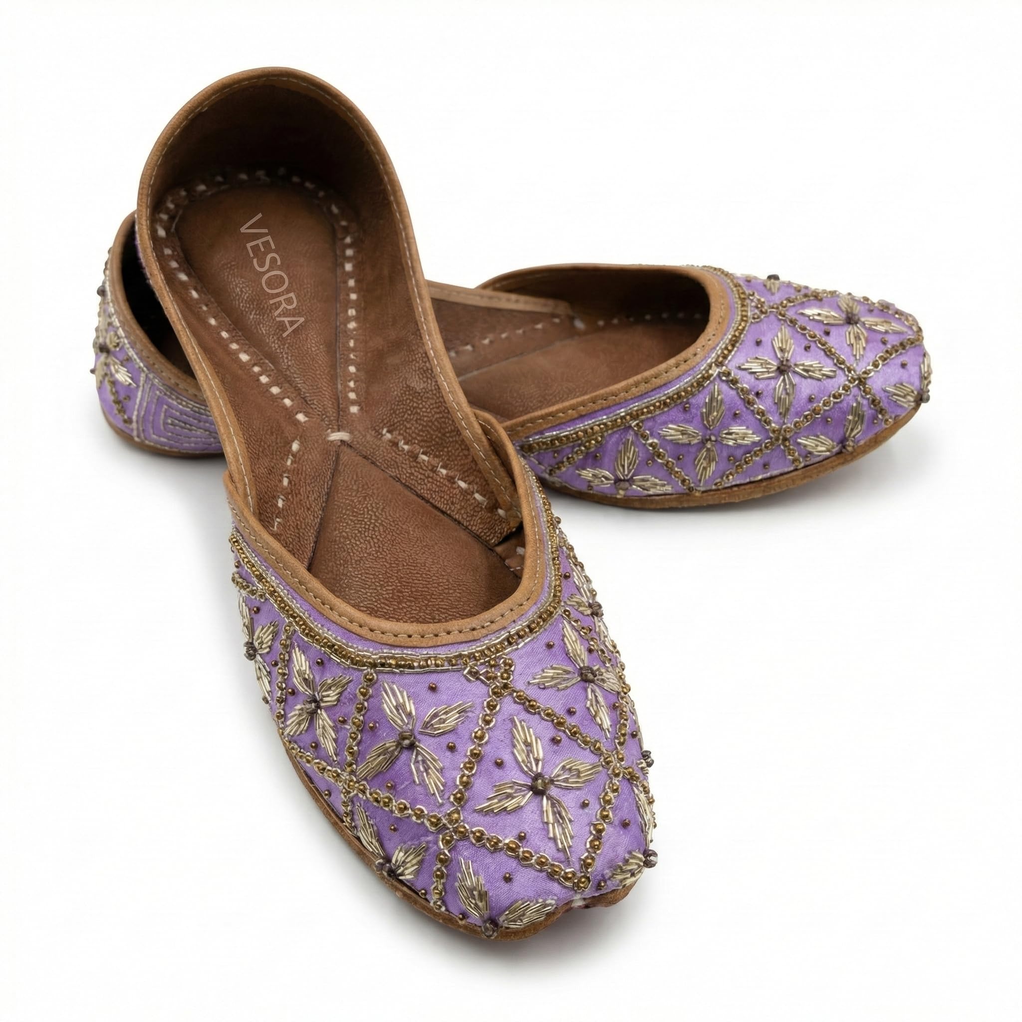 Lavina Handcrafted Lavender Embroidered Punjabi Jutti/Mojari for Women | Golden Bead and Silver Thread Work | Model A3-image-15