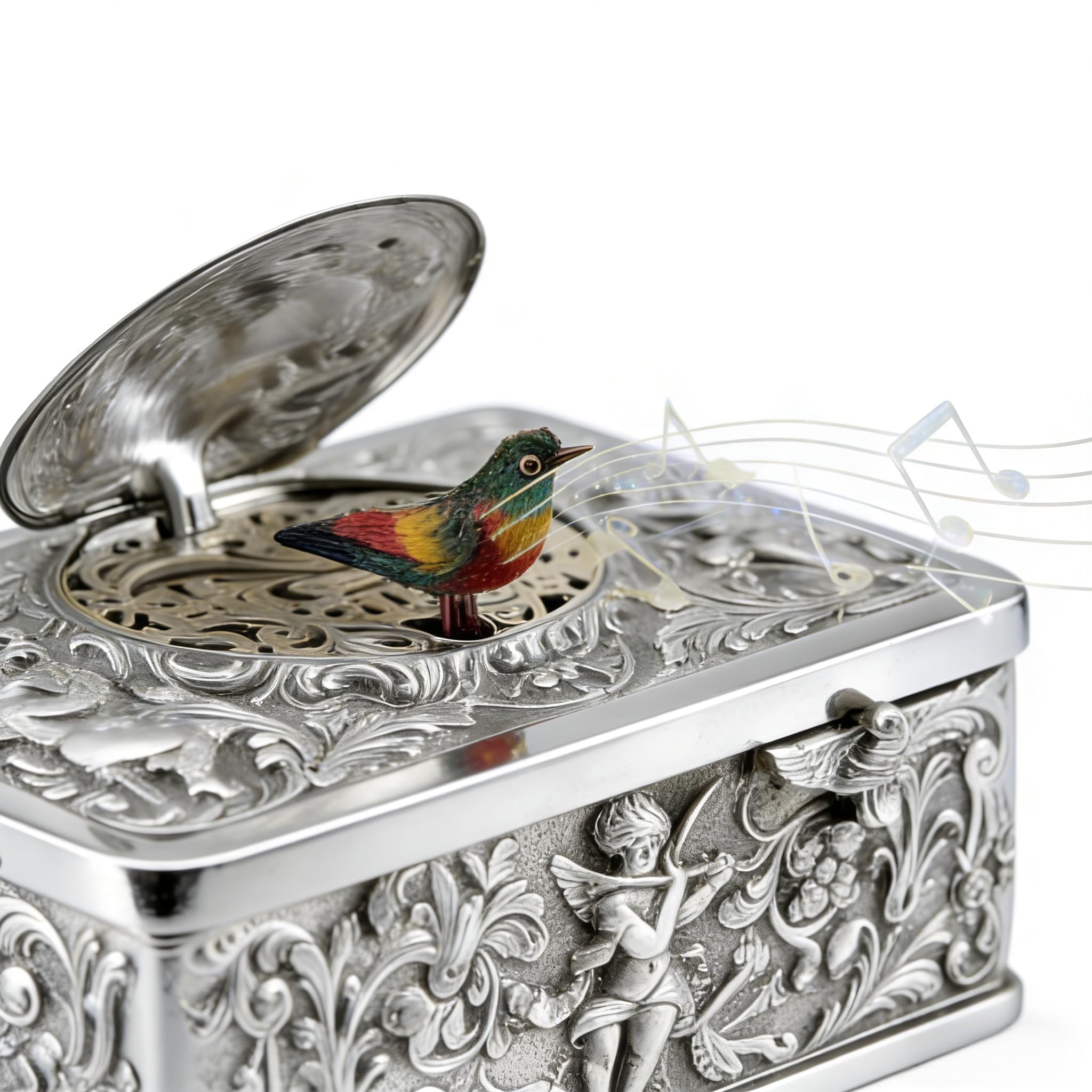 Caja de música Antigua mecánica de Cuerda con Forma de pájaro Cantor, Acabado Dorado.