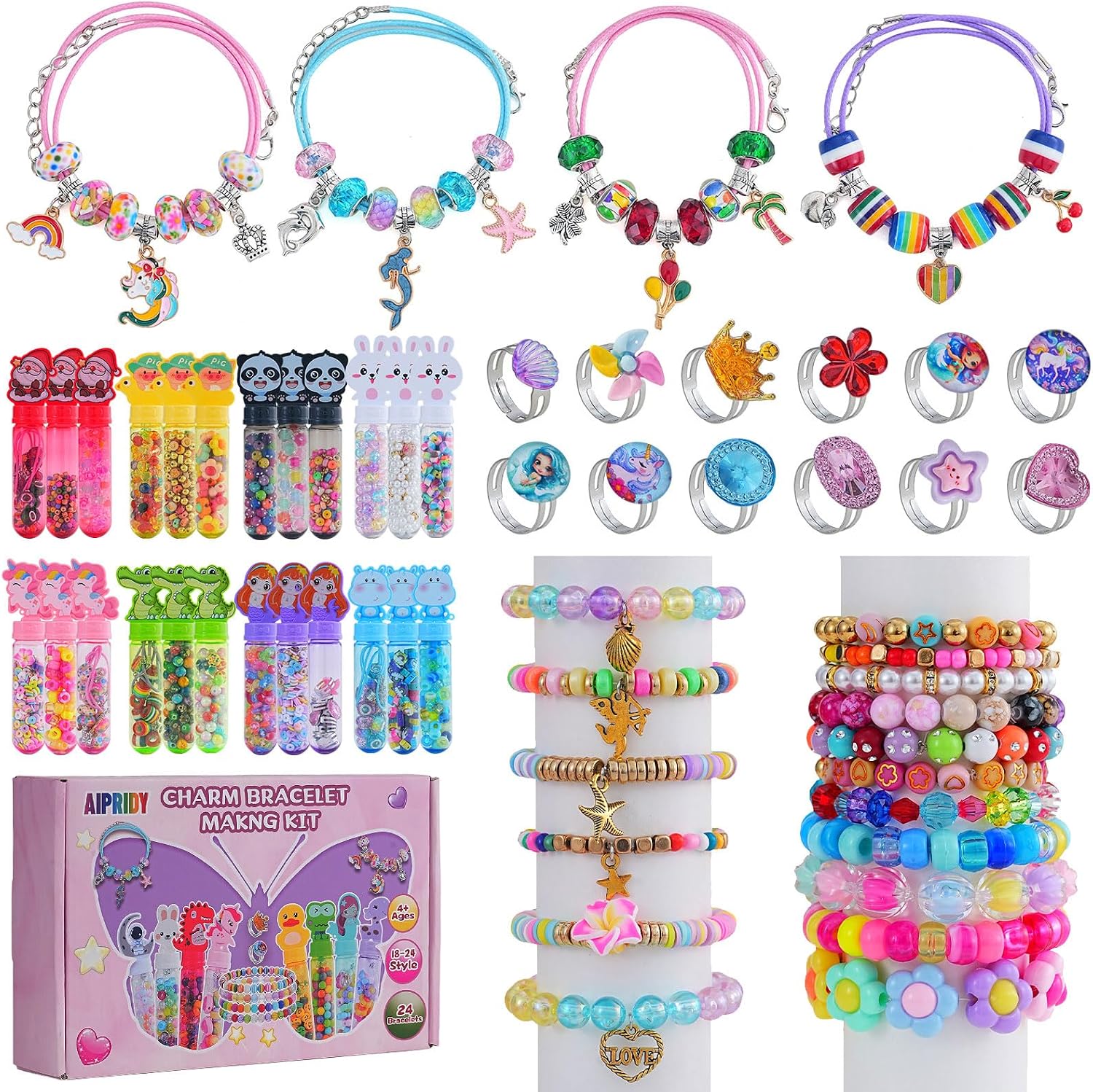 AIPRIDY Creative Beading Kit, Charm Bracelet Jewelry Making Kit for Kids, 24 Styles, 24 Pack Bracelet Wands,Classroom Prizes,Goodie Bags Stuffers, Ages 4+ (Glass+Plastic Mixed)
