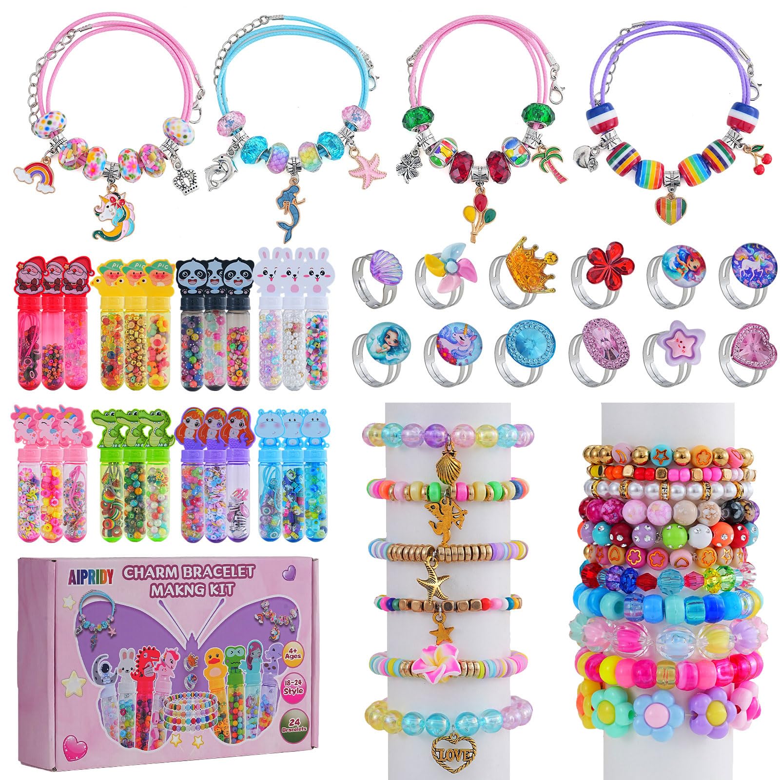 AIPRIDY Kit creativo di perline per bambini, 24 stili, 24 bacchette per bracciali, premi in classe, sacchetti per regali, età 4+ (vetro + plastica misti)