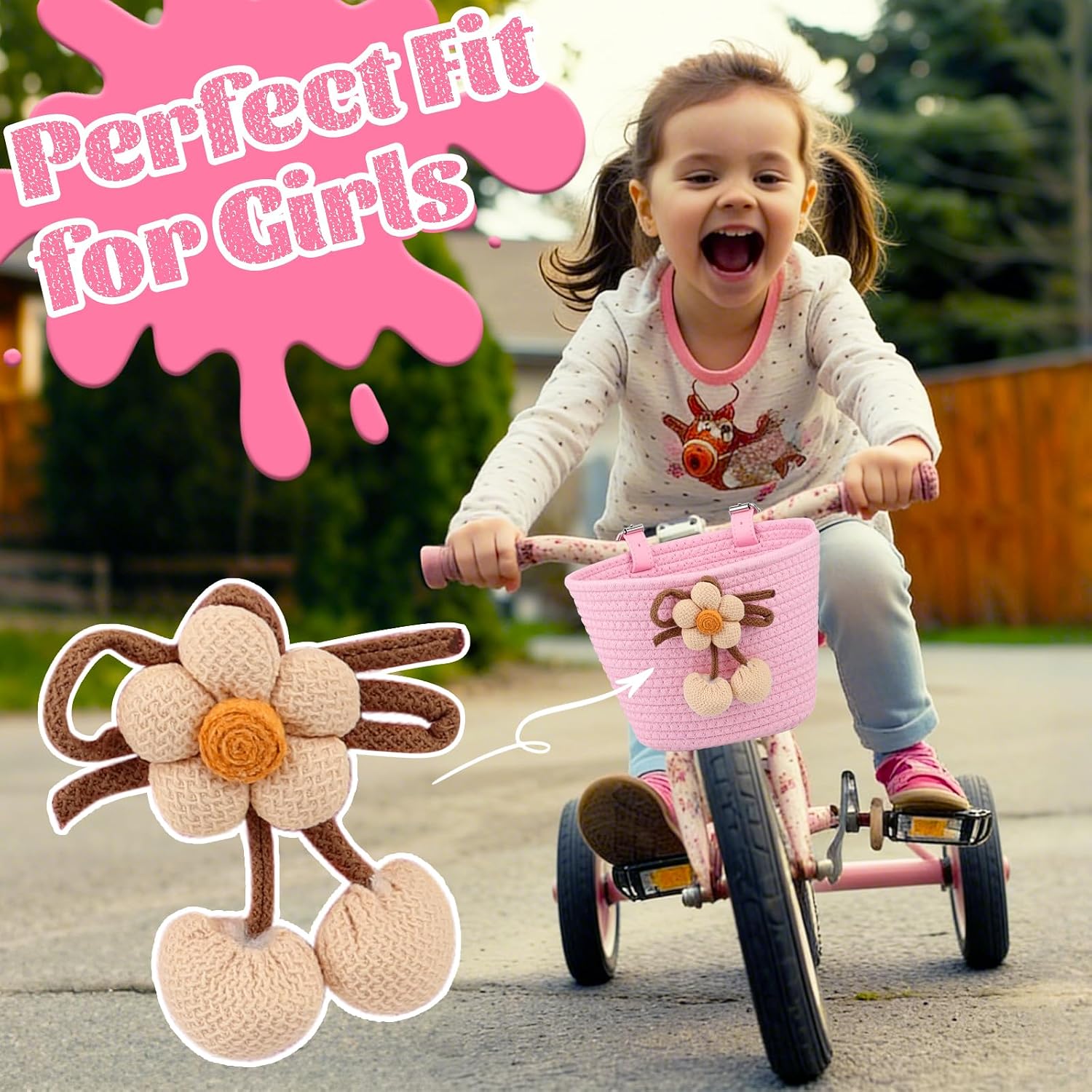 Kid Bike Basket, Front Bicycle Baskets for Boys Girls, Cotton Rope Woven Handle Bar Basket for 8" 12" 14" 16" 18" 20" Child Bicycles, Kids' Scooter, Balance Bike, Bright Red