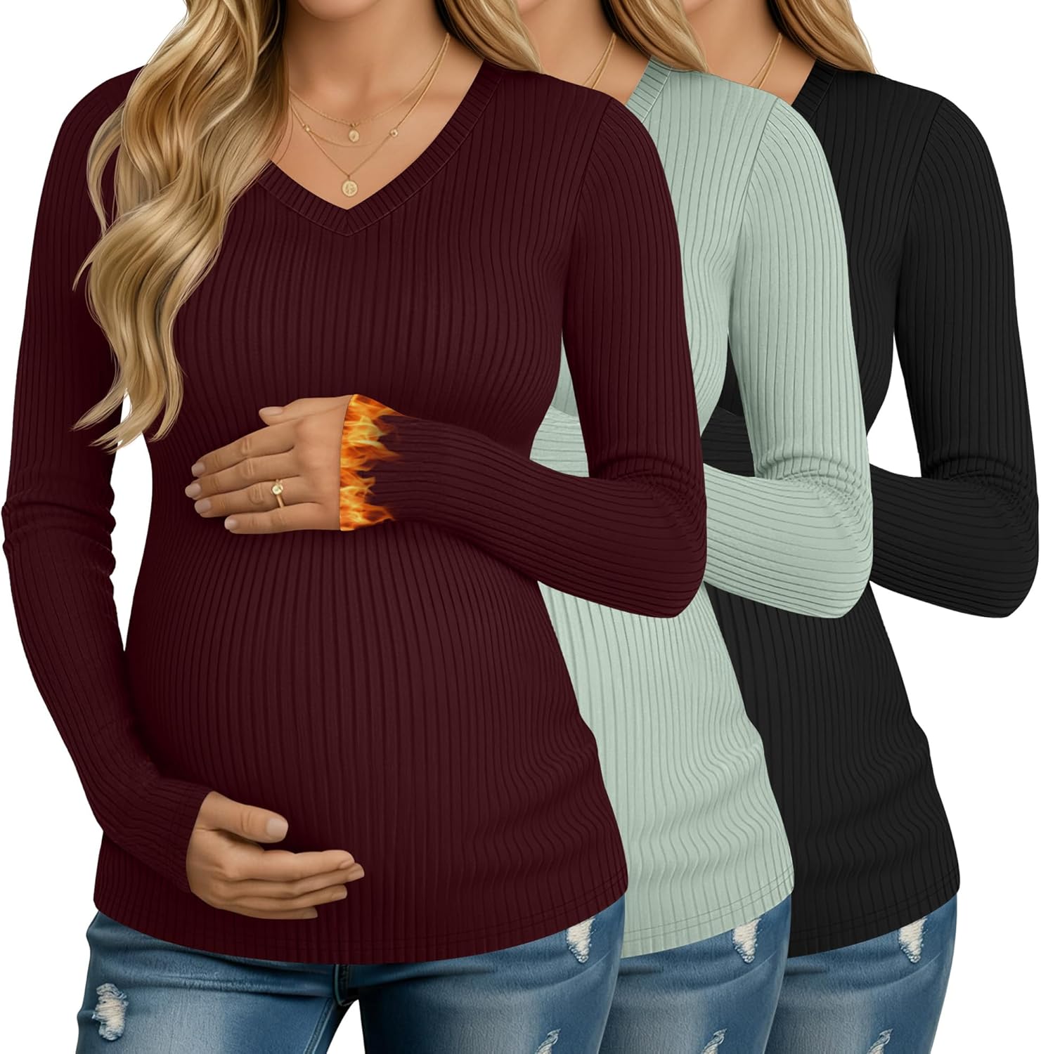 3 Pack Women's Maternity Shirts Fleece Long Sleeve V Neck Ribbed Pregnancy Tops Slim Fit Base Layer Mama Clothes