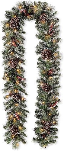 Miniatura 6 de Glitzhome Guirnalda de Navidad artificial preiluminada, conos de pino con purpurina y decoraciones mixtas y luces LED blancas cálidas con