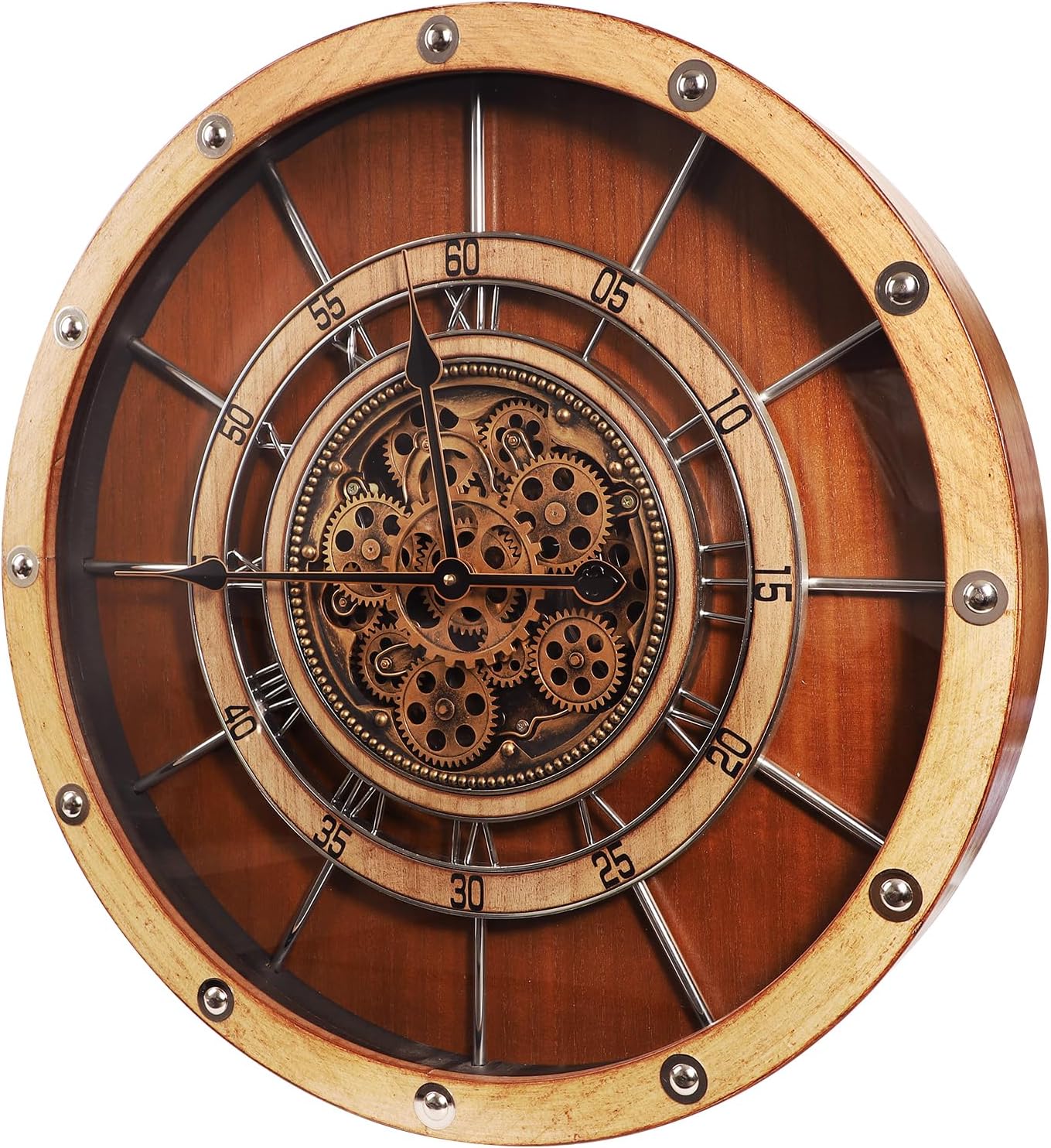 HOIBAI Wall Clock, 24 Inch Moving Gears Clock Large Wall Clock for Living Room Decor Rustic Vintage Industrial Steampunk Farmhouse Big Clock for Home Kitchen Bedroom Office