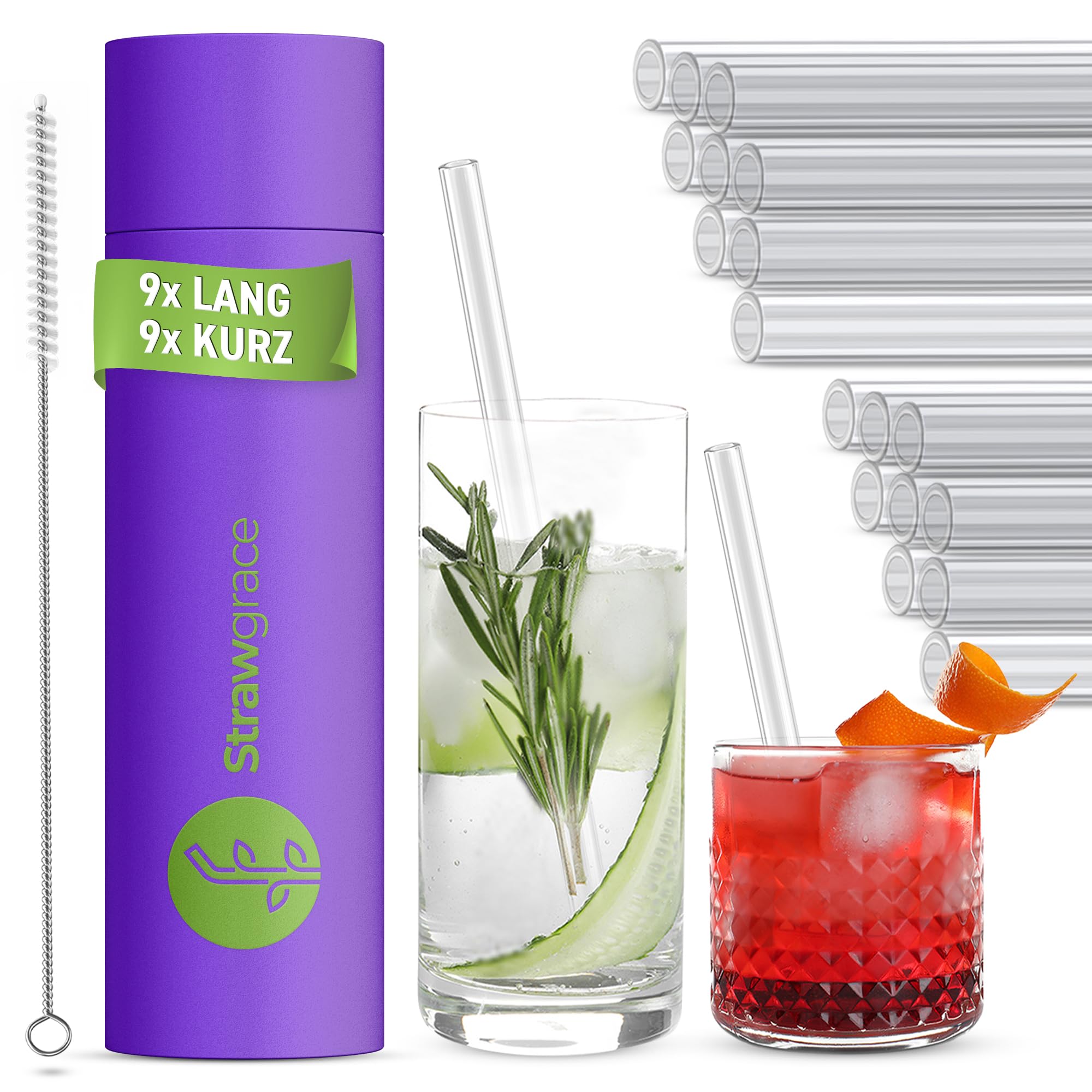 STRAWGRACE 18x Glasstrohhalme - 9x lang (21,5cm) & 9x kurz (15cm) - Durchmesser: 7 mm [Hochstabil] Strohhalme Glas Wiederverwendbar - Glasstrohhalme lang - Glasstrohhalme kurz