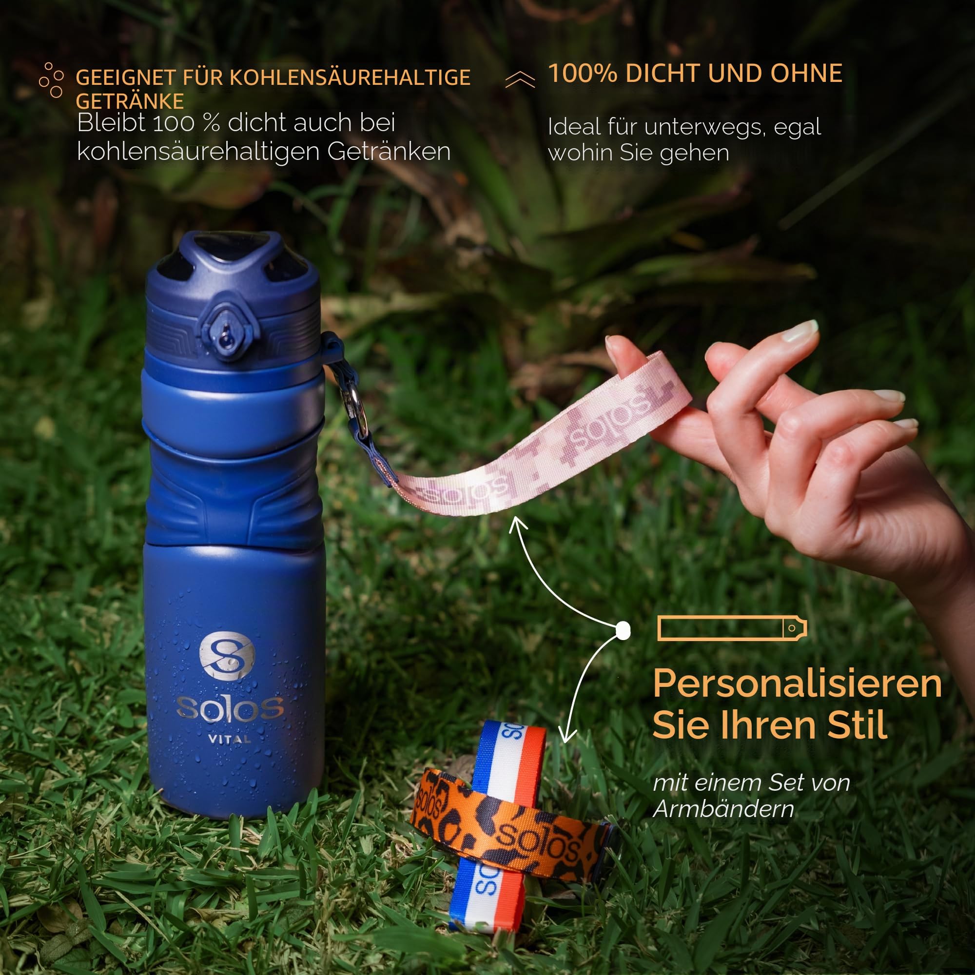 SOLOS Thermosflasche 650 ml mit herausnehmbarem Teesieb und Trinköffnung, Edelstahl-Isolierflasche für Kaffee, Tee und kalte Getränke, 3 Tragegurte