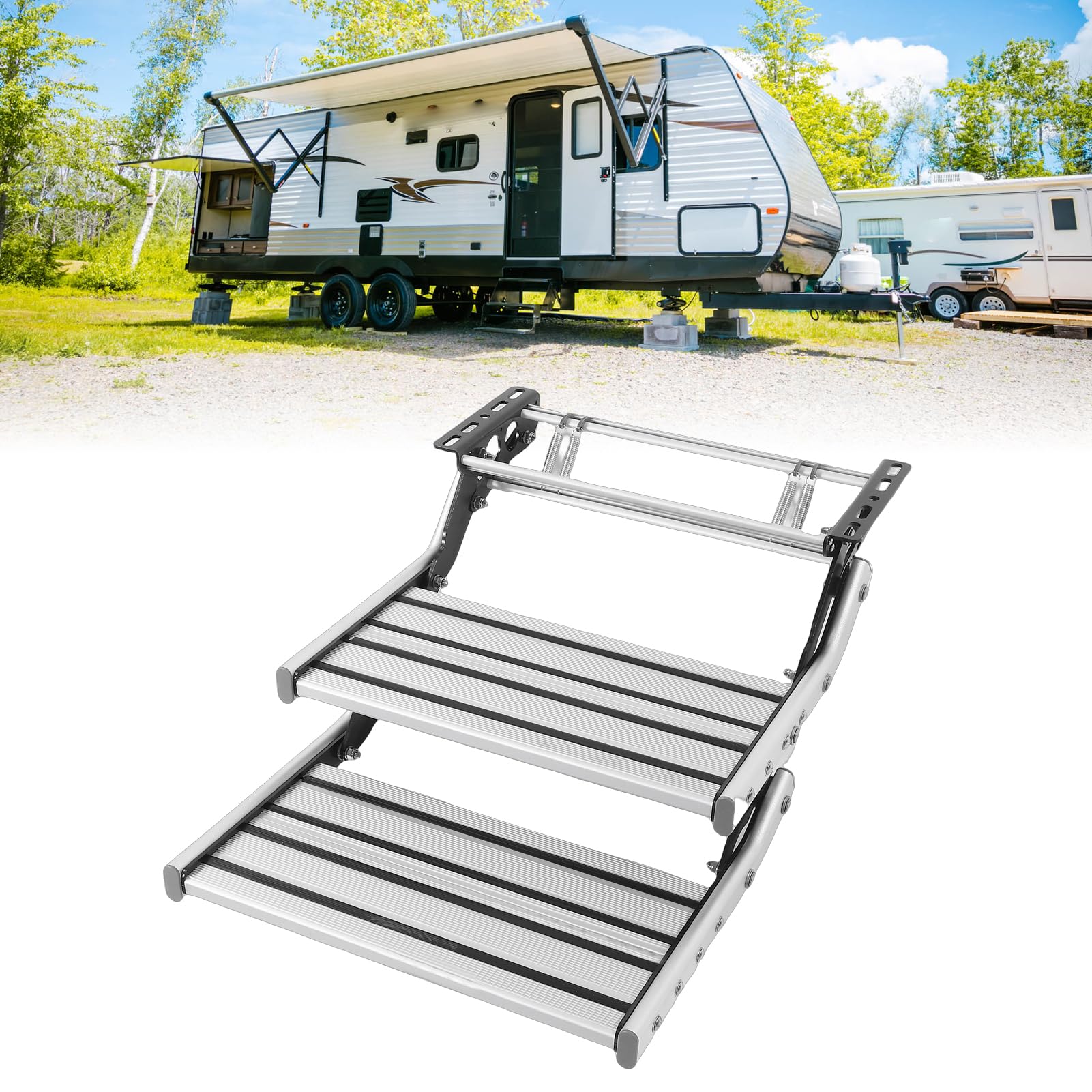Wohnmobil-Stufen, Doppelte Manuelle Wohnmobil-Stufenbaugruppe, Manuell Teleskopierbar und Klappbar, Geeignet für Campingfahrzeuge, Wohnmobile und Reiseanhänger.
