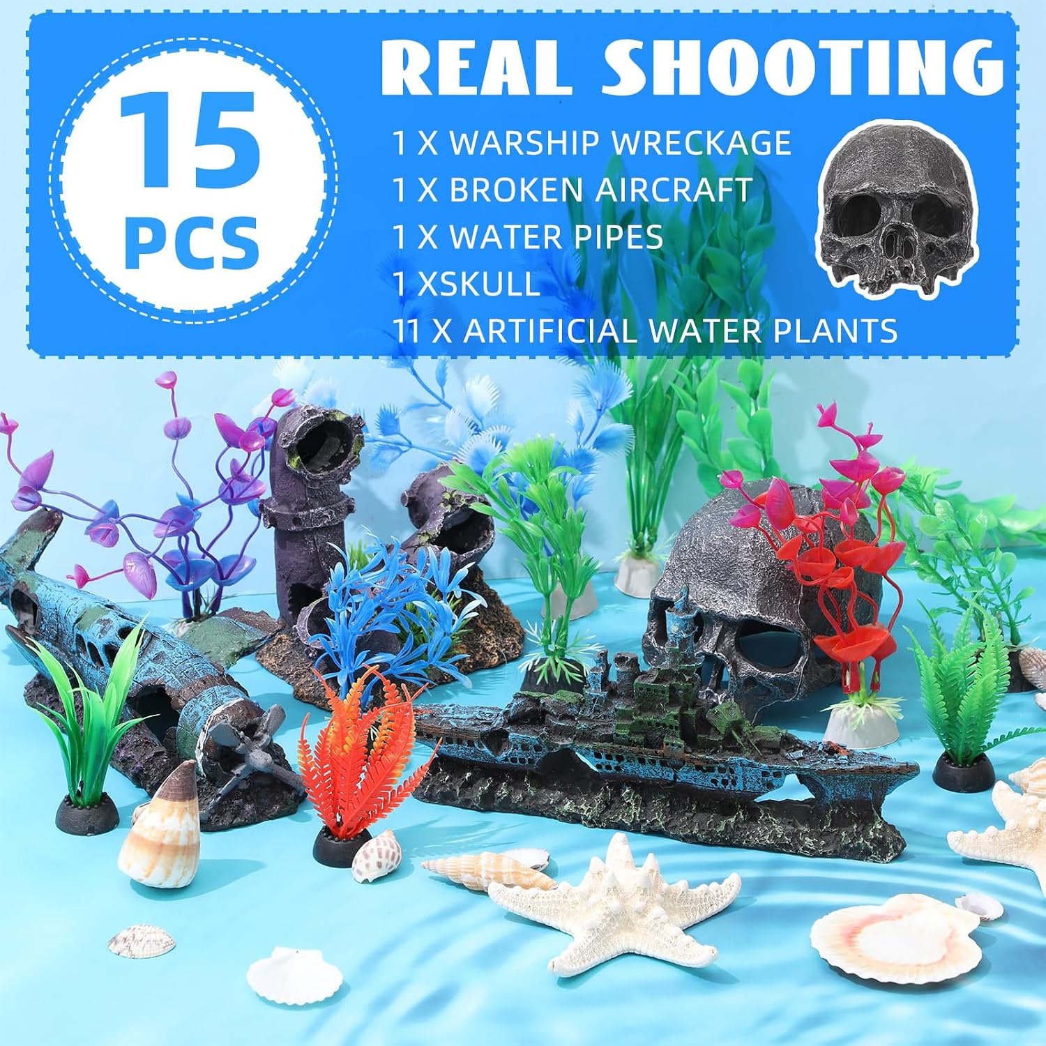 Kathfly 15 Pcs Aquarium Decoration Set, Resin Aquarium Accessories, Including a Battleship, a Broken Airplane, a Four-Way Water Pipe, a Black Skull, and Artificial Aquatic Plants(Trendy Style)