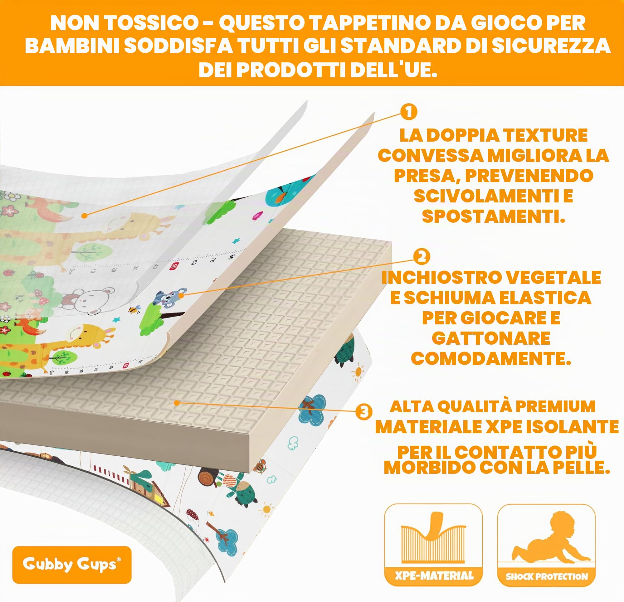 Tappetino da gioco per bambini GUBBY GUPS, pieghevole, impermeabile, antiscivolo, reversibile, atossico, privo di sostanze inquinanti, realizzato in schiuma XPE - 180 x 120 x 1 cm