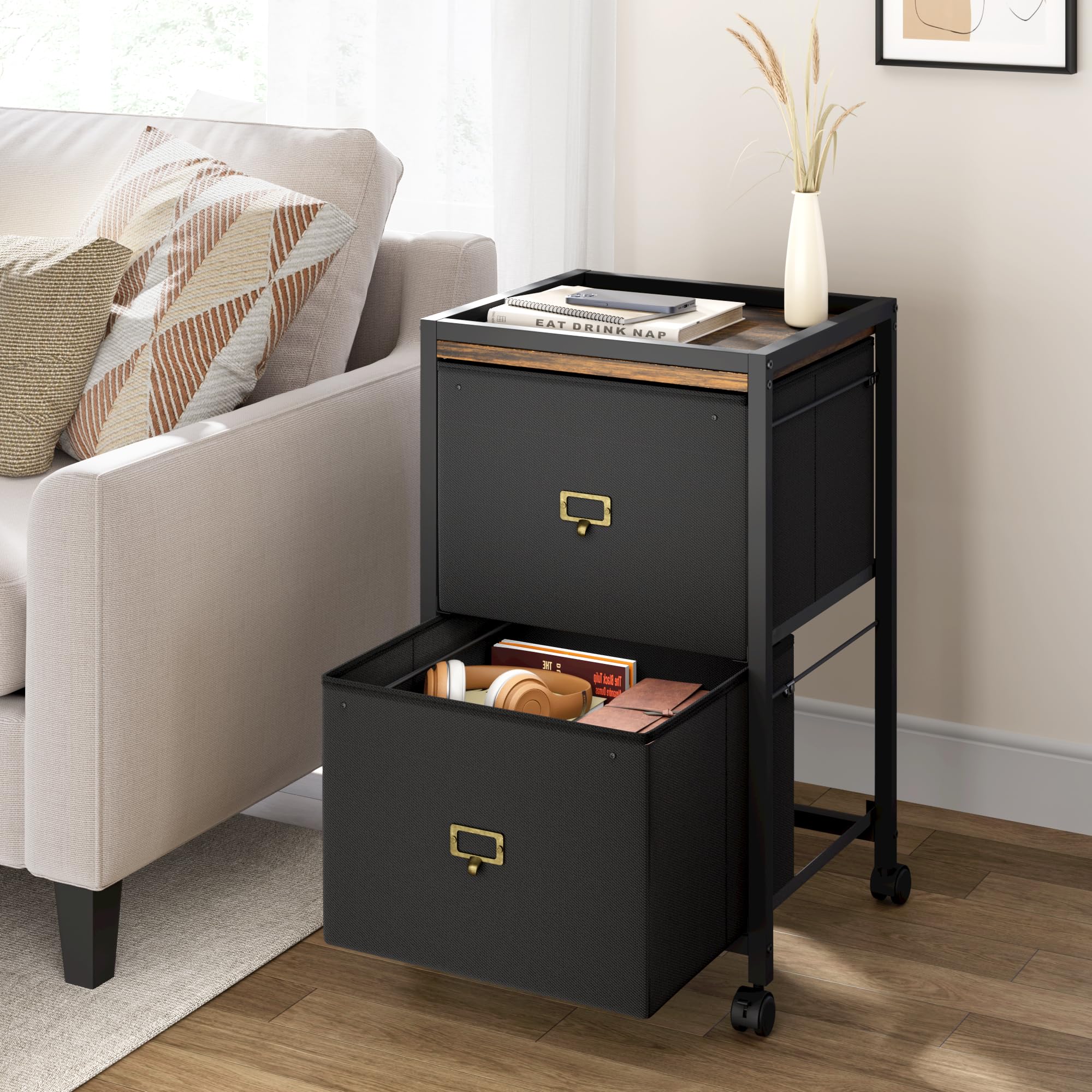 Archivador móvil con 2 cajones, unidad de almacenamiento debajo del escritorio con ruedas, muebles de almacenamiento de tela con marco de metal para el hogar, oficina, 40 x 40 x 66 cm