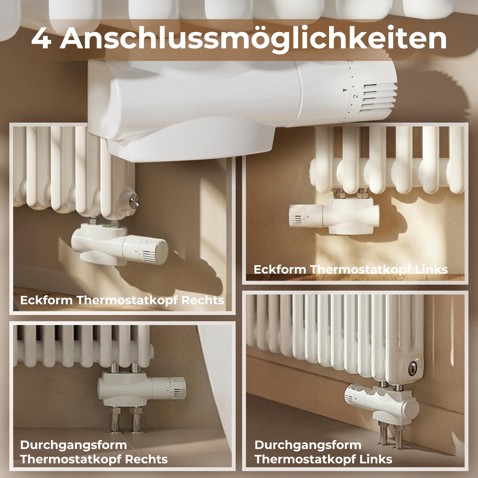 Multiblock Set für Heizkörper Anschlussarmatur mit Thermostat – Thermostatventil Hahnblock mit Frostschutz – für Eck/Durchgangsform – 50mm Mittelanschluss G1/2" – inkl. PEX Ø16 & Kupfer Ø15