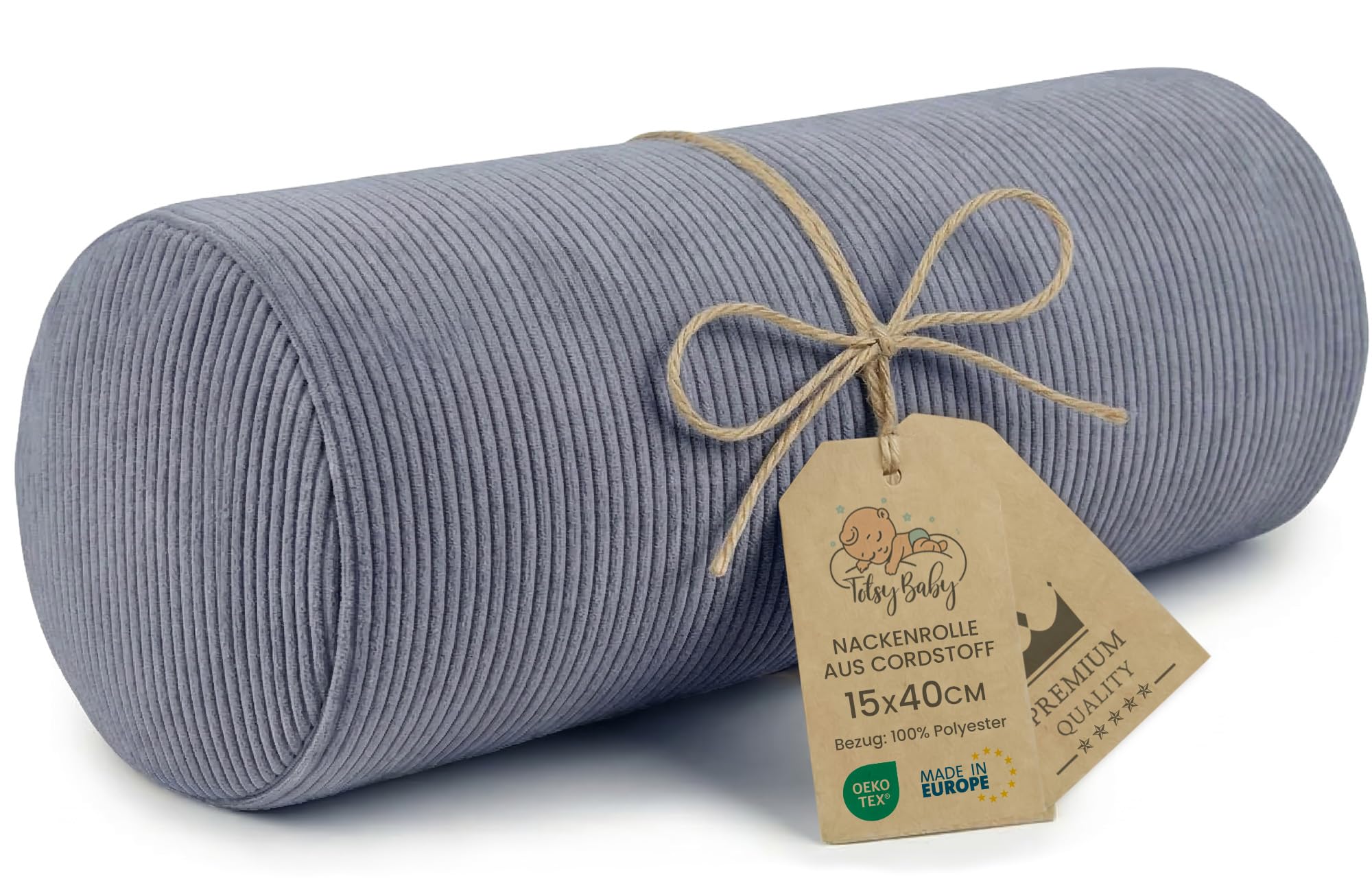 Totsy Baby Coussin traversin Genoux et Cervical pour Dormir 40x15 cm - Oreiller Boudin de Yoga cervicales et Corps Coussins en Mousse et Housse en Oeko-Tex Coloris Jean Velours côtelé