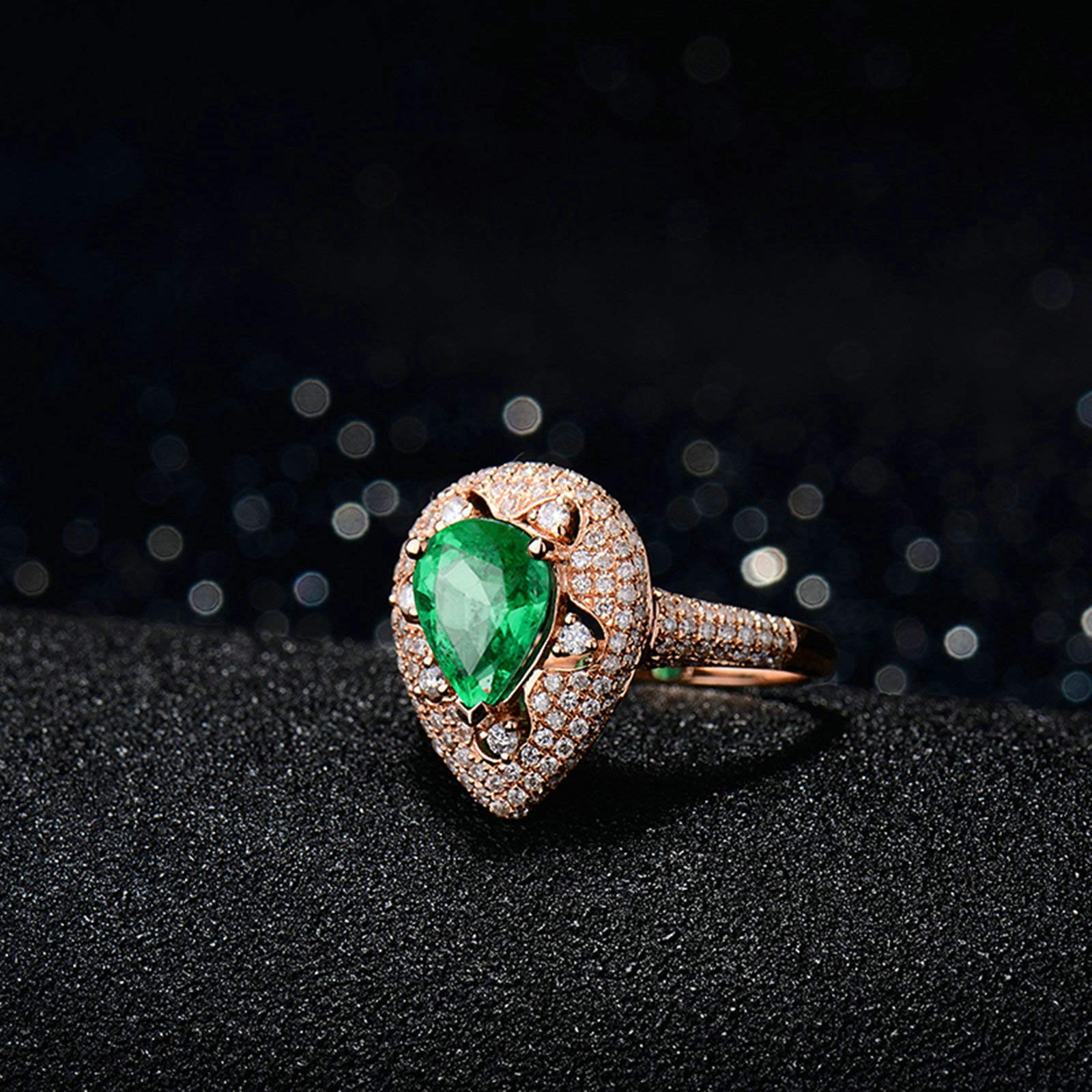 Anillos de boda de oro rosa para mujer, oro real de 18 quilates, 14 quilates, 9 quilates, talla H 1/2-V 1/2, anillos de compromiso de matrimonio con gota de agua con esmeralda de 2 quilates y