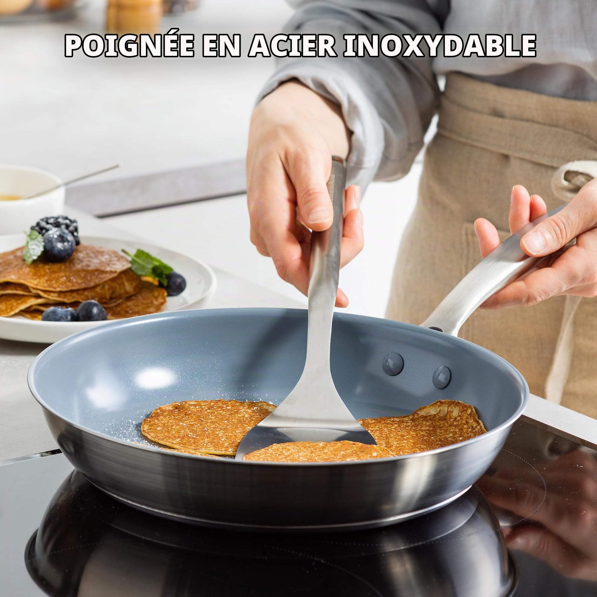 GreenPan Treviso Batterie de Cuisine en Acier Inoxydable avec Revêtement Antiadhésif en Céramique Sain, 10 pièces, Poêle à Frire, Casserole, Sans PFAS, Induction, Four, Lave-Vaisselle, Argent