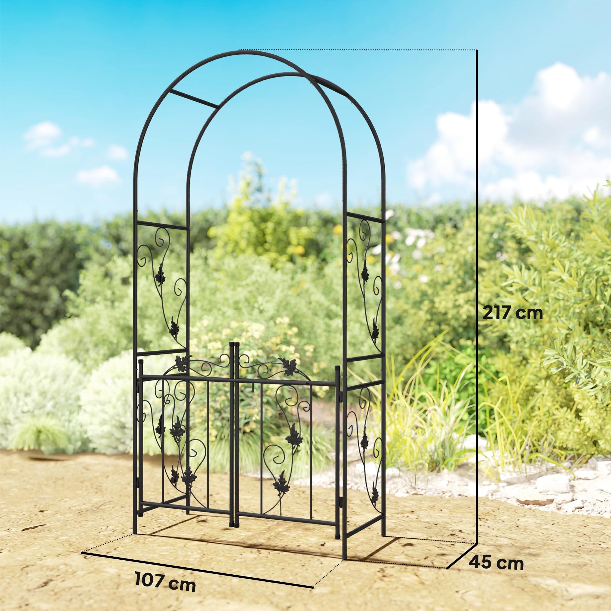 Outsunny Arco da Giardino con Cancello Traliccio per Piante Rampicanti, Archetto per Matrimoni e Feste in Metallo, 2.2x1 m, Nero