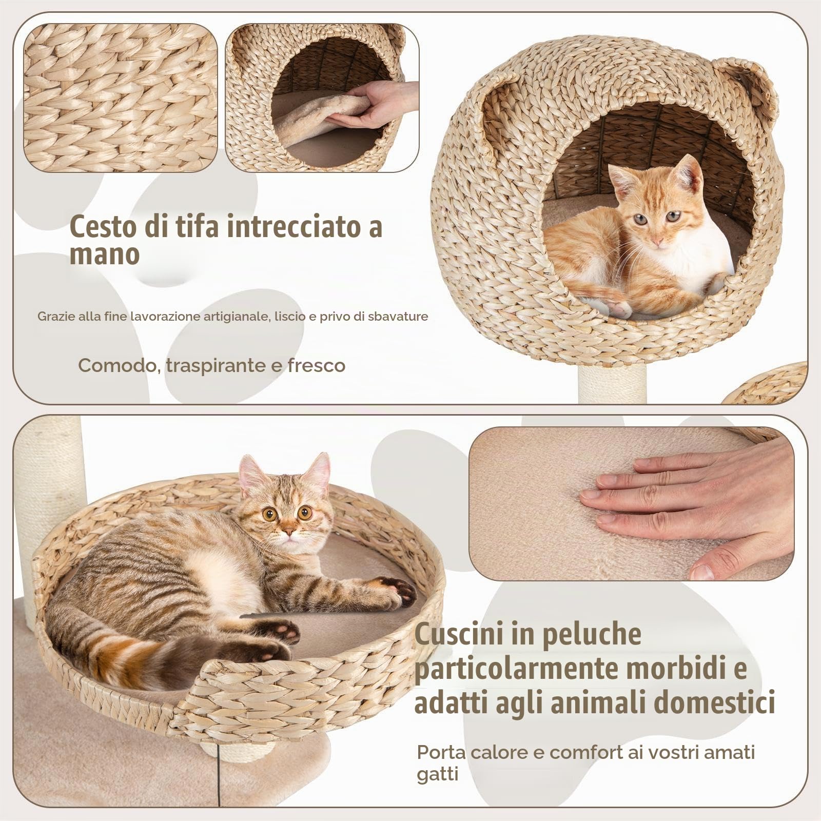 SOARS Tiragraffi per Gatti con Cuccia in Rattan Alto 121 cm