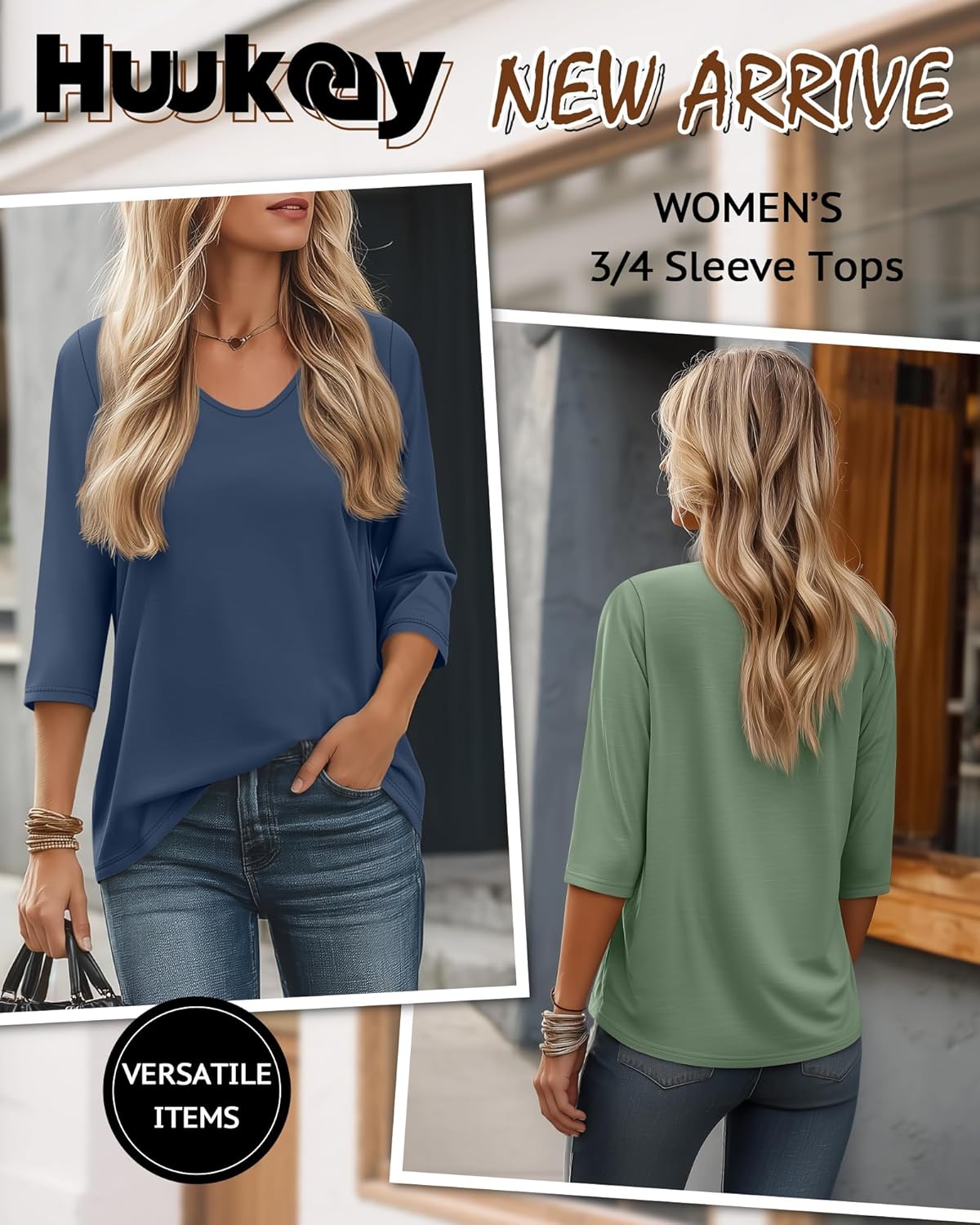 Huukeay 3 Pack Women's 3/4 Sleeve T-Shirts, V Neck Casual Tops Loose Fit Tunic Basic Tees 3/4 Length Sleeve Soft Blouses - Image 4