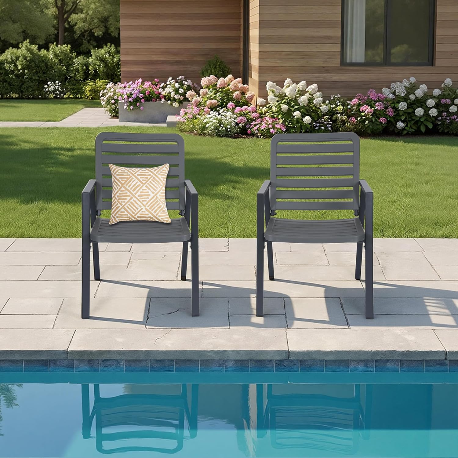 Patio Dining Chairs, All-Weather PP Chair, Metal Frame Outdoor Chairs, Waterproof Restaurant Chairs for Front Porch Balcony Backyard Garden (Grey, 2PCS)