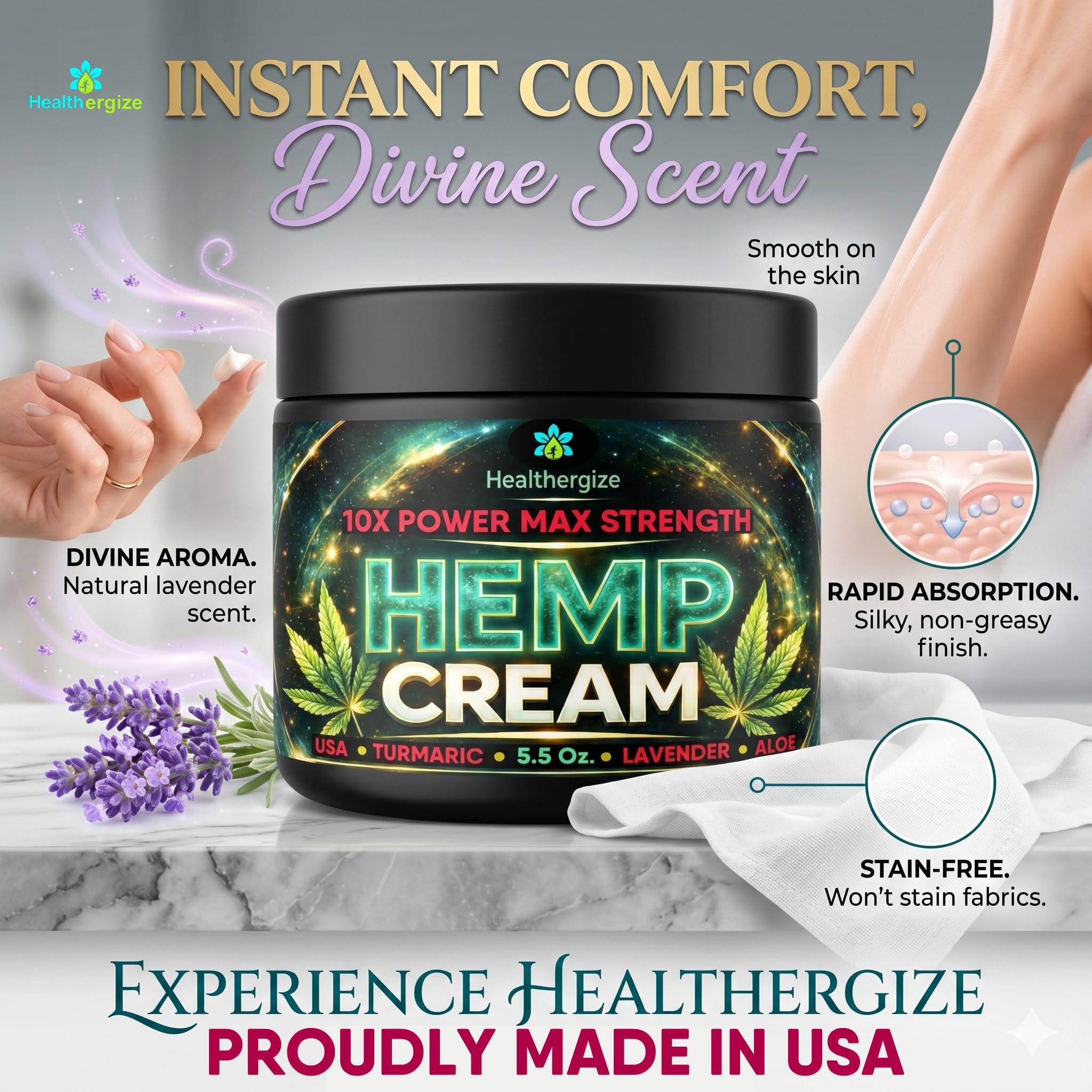 Hemp Cream Maximum Strength – Hemp Lotion for Muscles, Back, Neck, Knees & Feet – Hemp Oil, Aloe & Lavender Body Lotion for Men & Women – Menthol-Free, Non-Greasy, Fast Absorbing – 5.5 oz, Made in USA — Amazon image 7