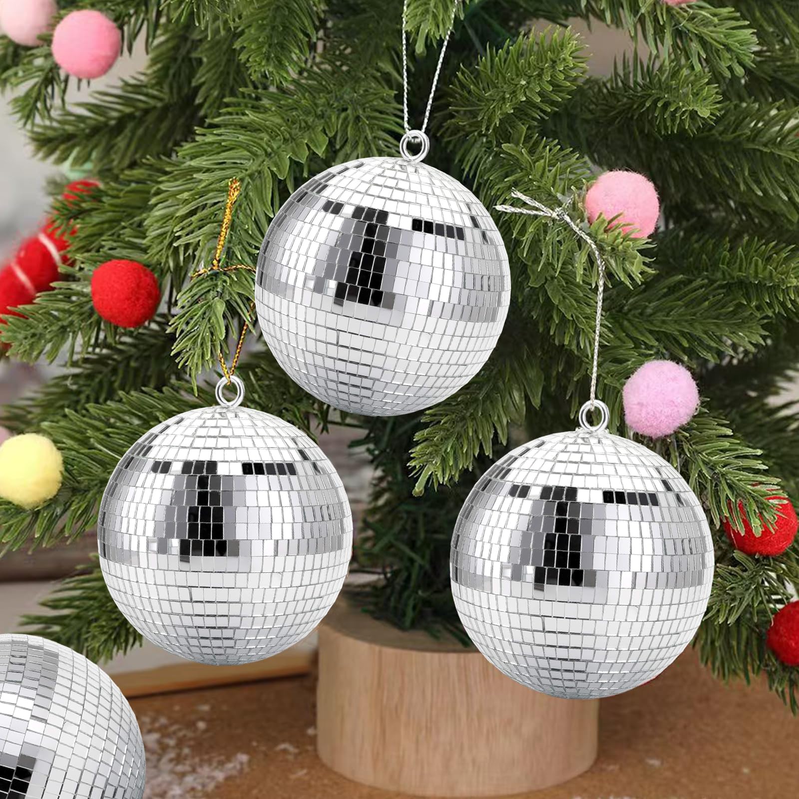 Lot de 12 Boules Disco argentées à Effet de lumière pour décoration de Sapin de Noël, Mariage, Maison, fête (10/7/5/3/2 cm) (argenté)