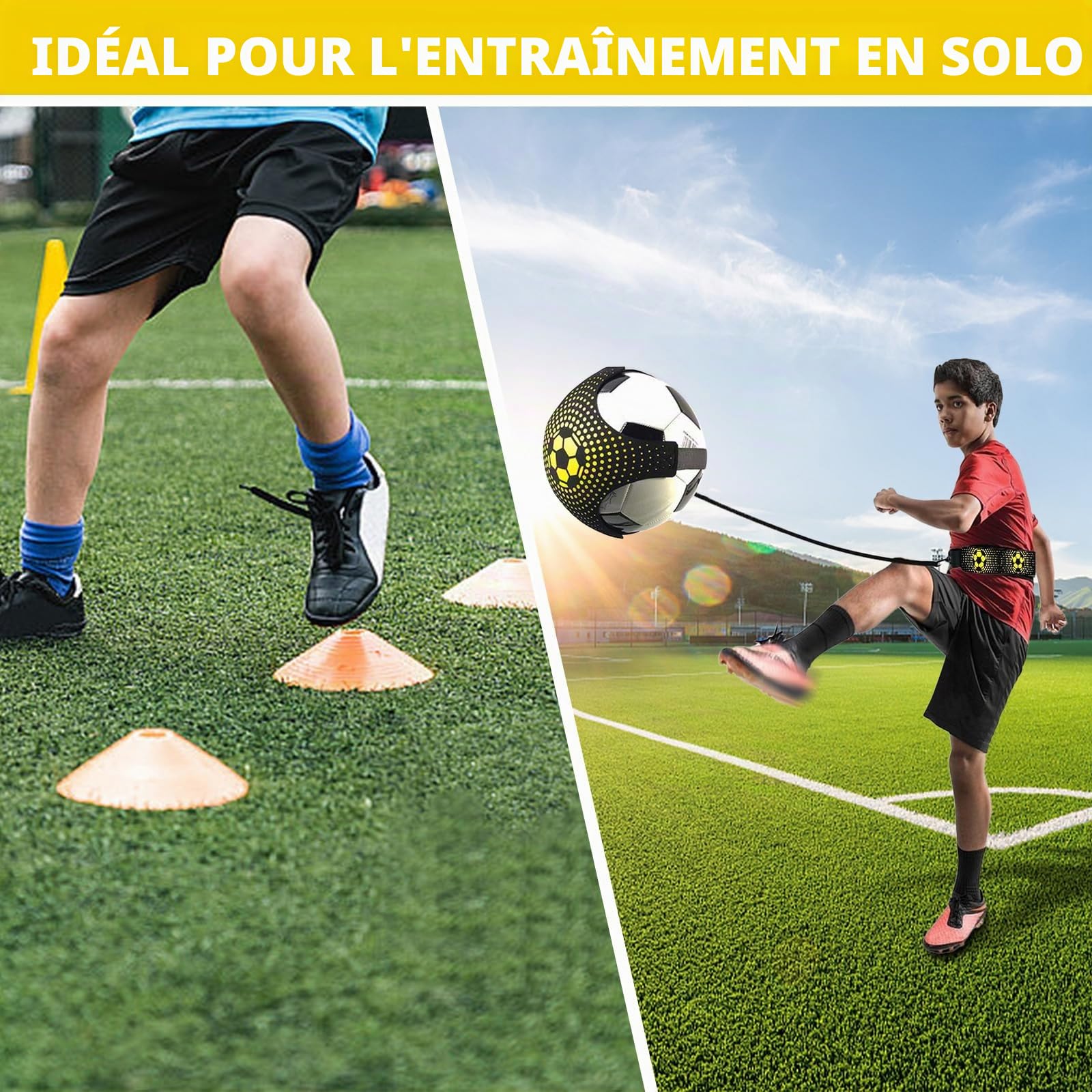 LangRay Kit d'entraînement de Football, Échelle de Rythme 6m, 12 Cônes de Disque, 1 Corde à Sauter, 1 Kick Entraîneur Solo, 5 Bandes de Résistance, Cadeau de Football pour Enfants et Adultes
