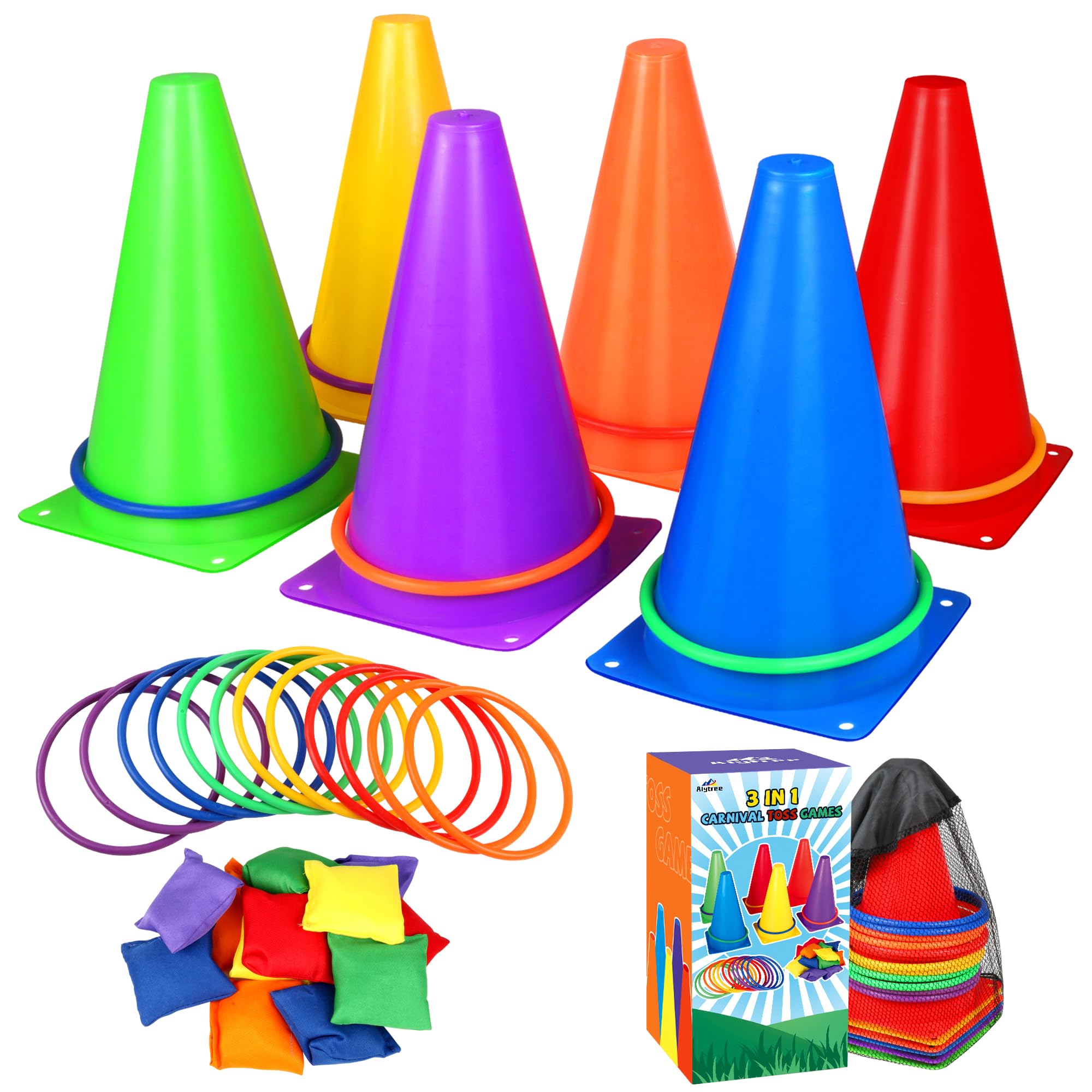31 PCS Christmas Carnival Games, 3 in 1 Indoor Outdoor Bean Bag Ring Toss Games for Kids Birthday Party, Plastic Soft Cones Yard Lawn Game for Family Party Kid's Gift