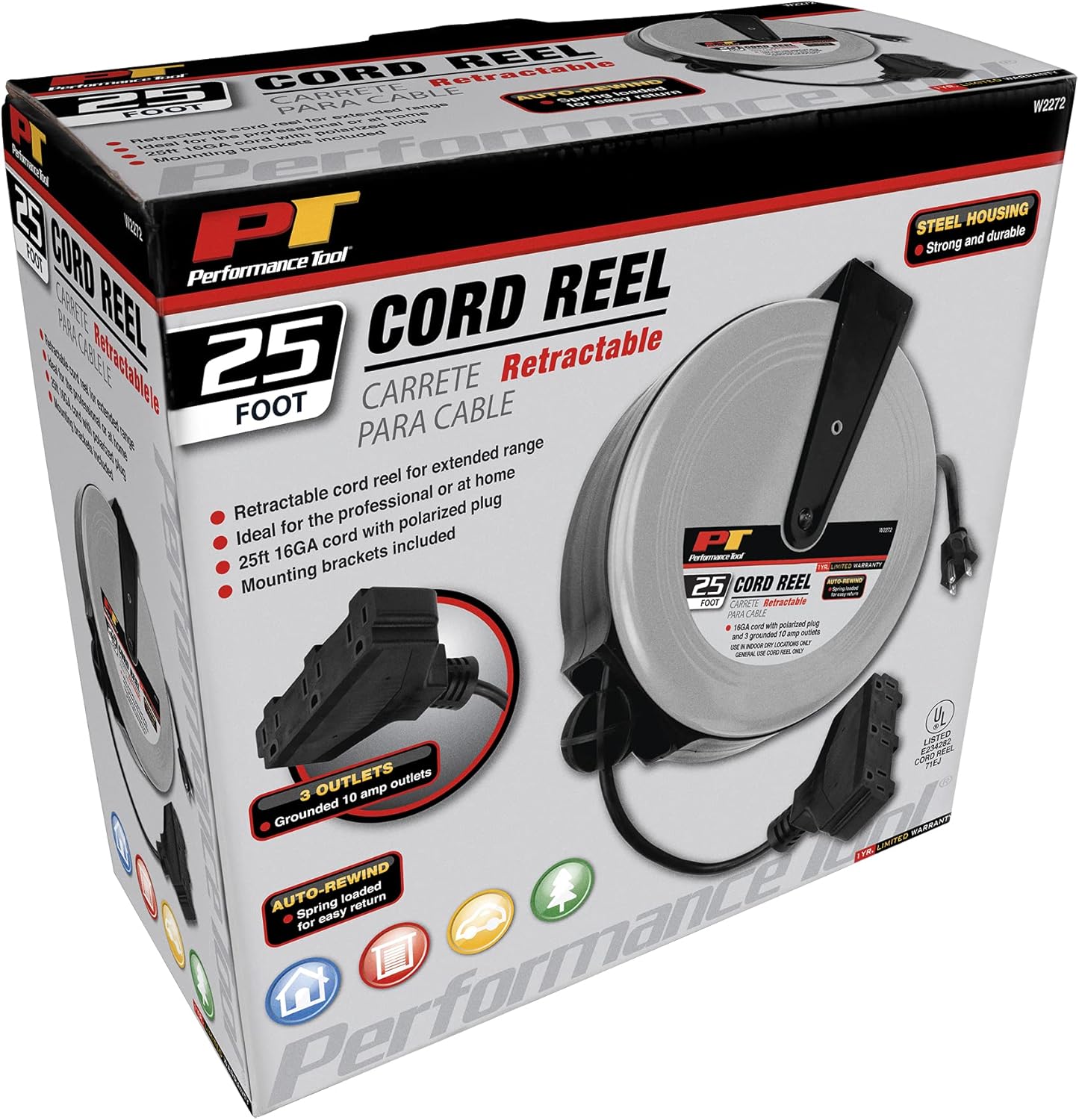 Performance Tool W2272 Retractable Cord Reel for Outlet Extension in Workshops and Home, Black/Gray, 25 feet