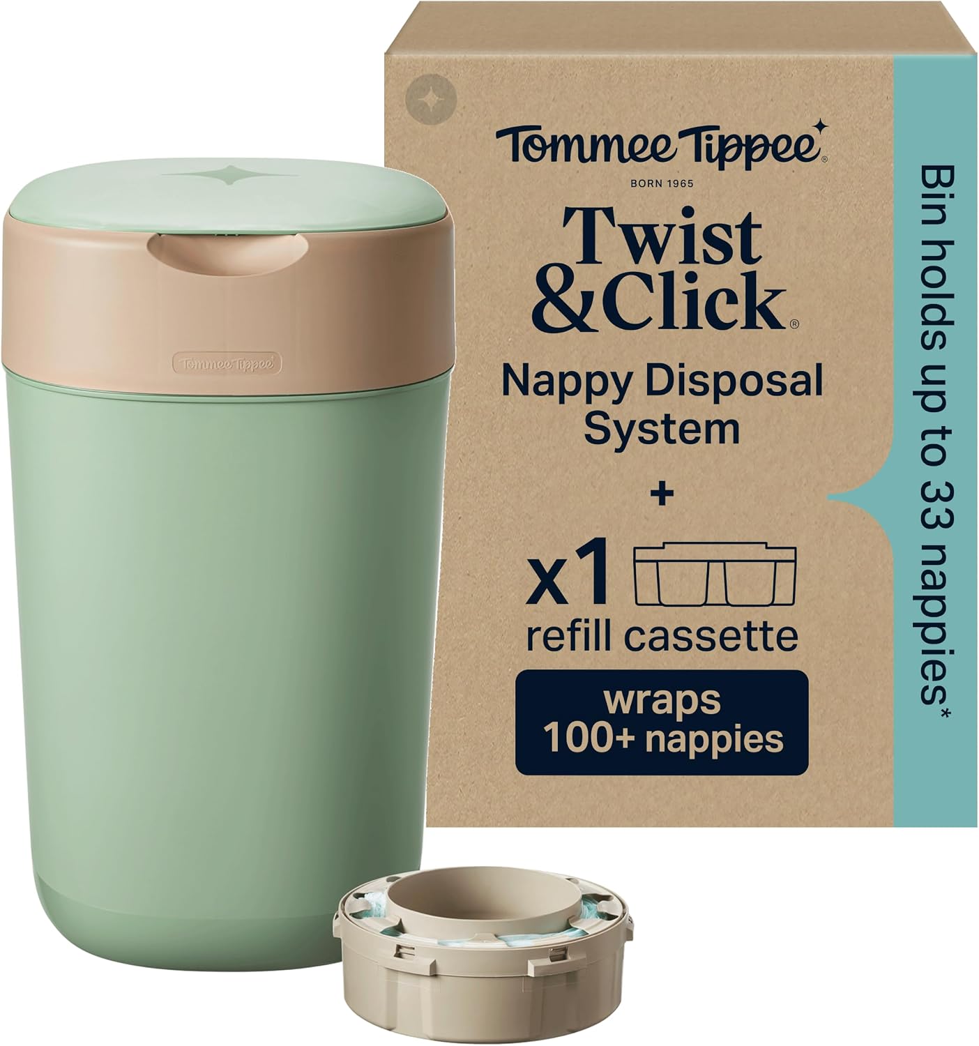 Tommee Tippee Twist & Click Nappy Bin, with 1x 10.5m Refill Cassette, Sage