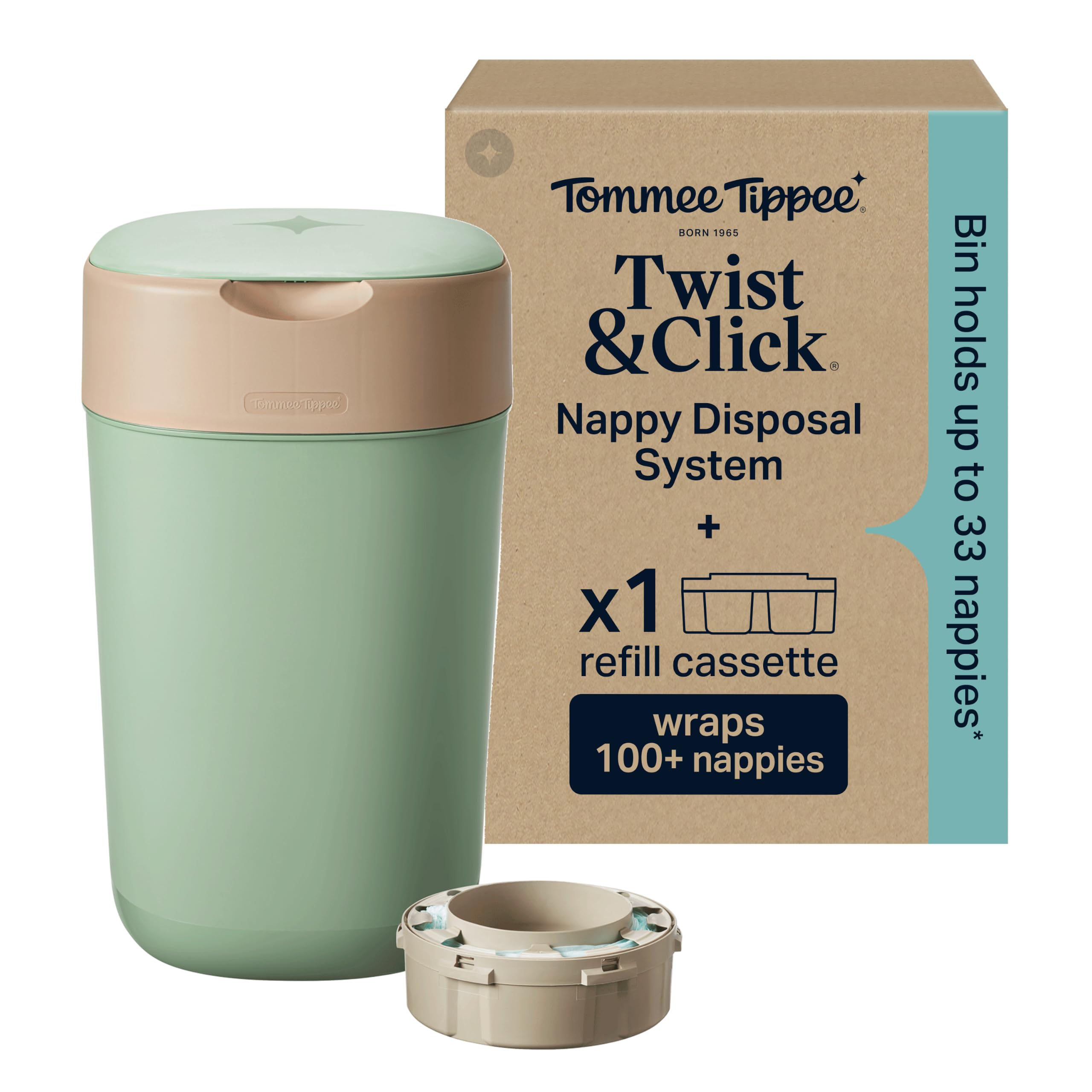Tommee Tippee Twist & Click Nappy Bin, with 1x 10.5m Refill Cassette, Sage