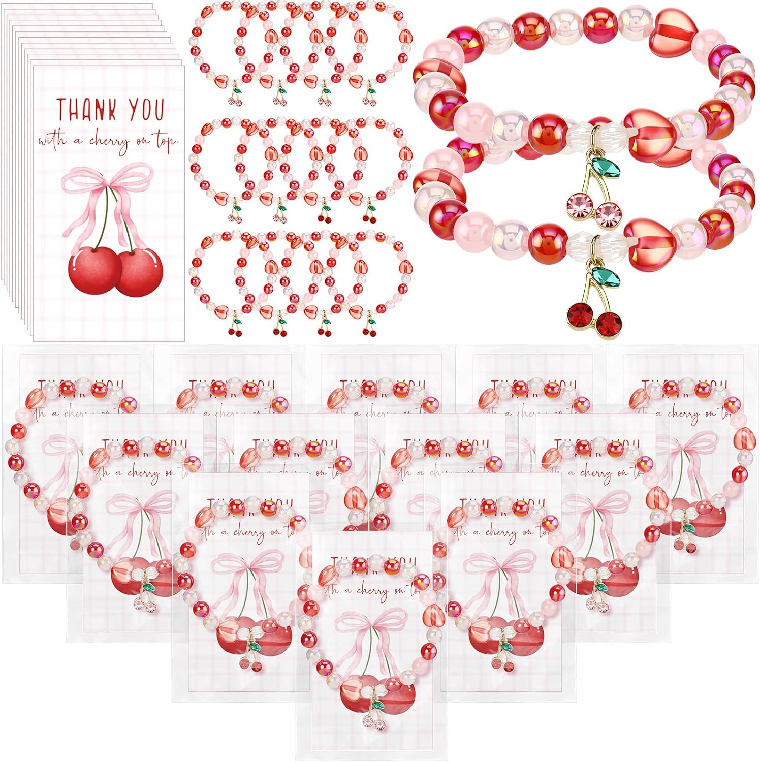 Quelay 25 Sets Cherry Bracelets Gift with Thank You Cards Bulk Cherry Themed Party Decoration Bridal Shower Party Favor for Women Bridesmaids Birthday Friendship Jewelry (Cute, Pink, Red)
