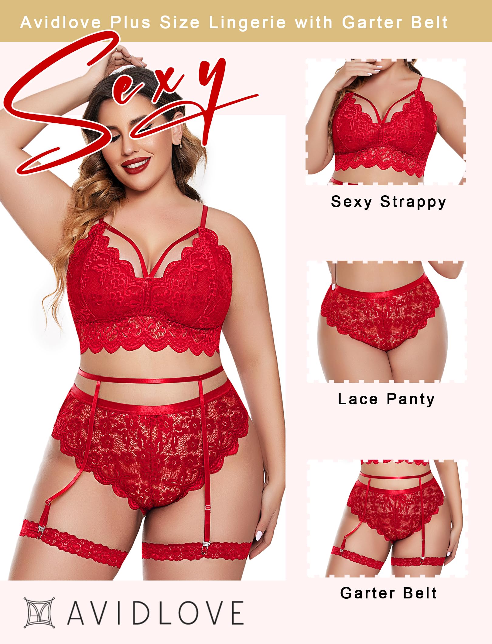 Avidlove Plus Size Lingerie for Women Floral Lace Scallop Trim Bra High Waist Panties Set Garter Lingerie Set