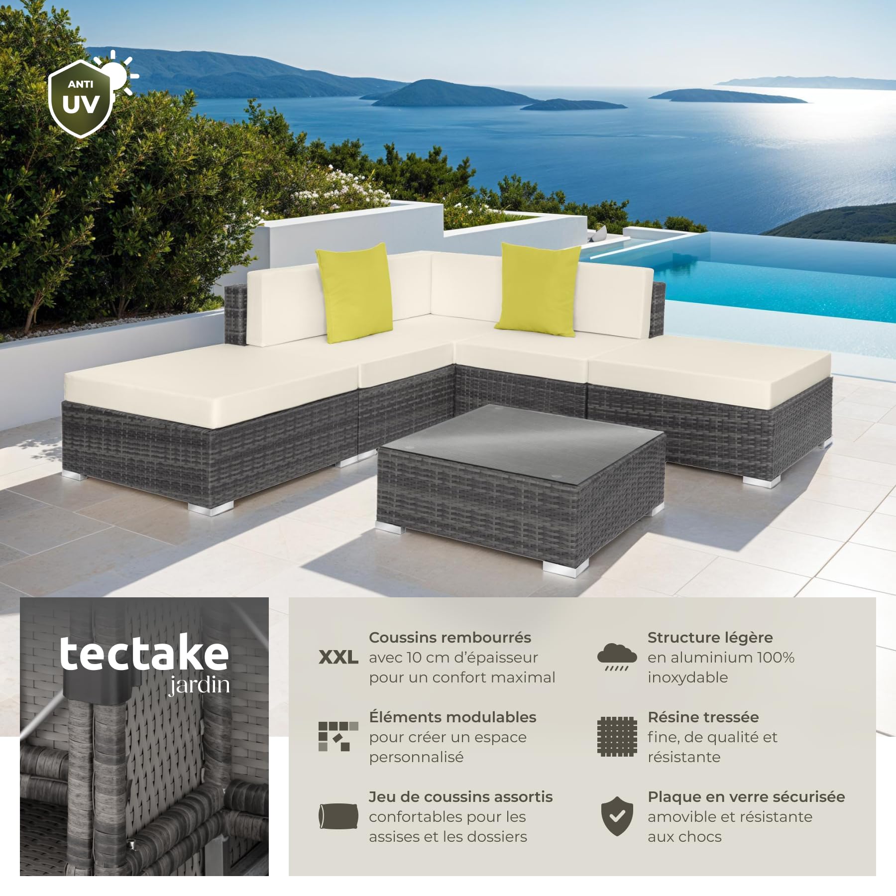 tectake® Ensemble Salon de Jardin Exterieur XXL en Poly Rotin Modulable Canapé 5 Places 3 Fauteuil Salon 2 Tabouret Pouf et 1 Table de Jardin, Mobilier de Jardin pour Amenagement Balcon Terrasse