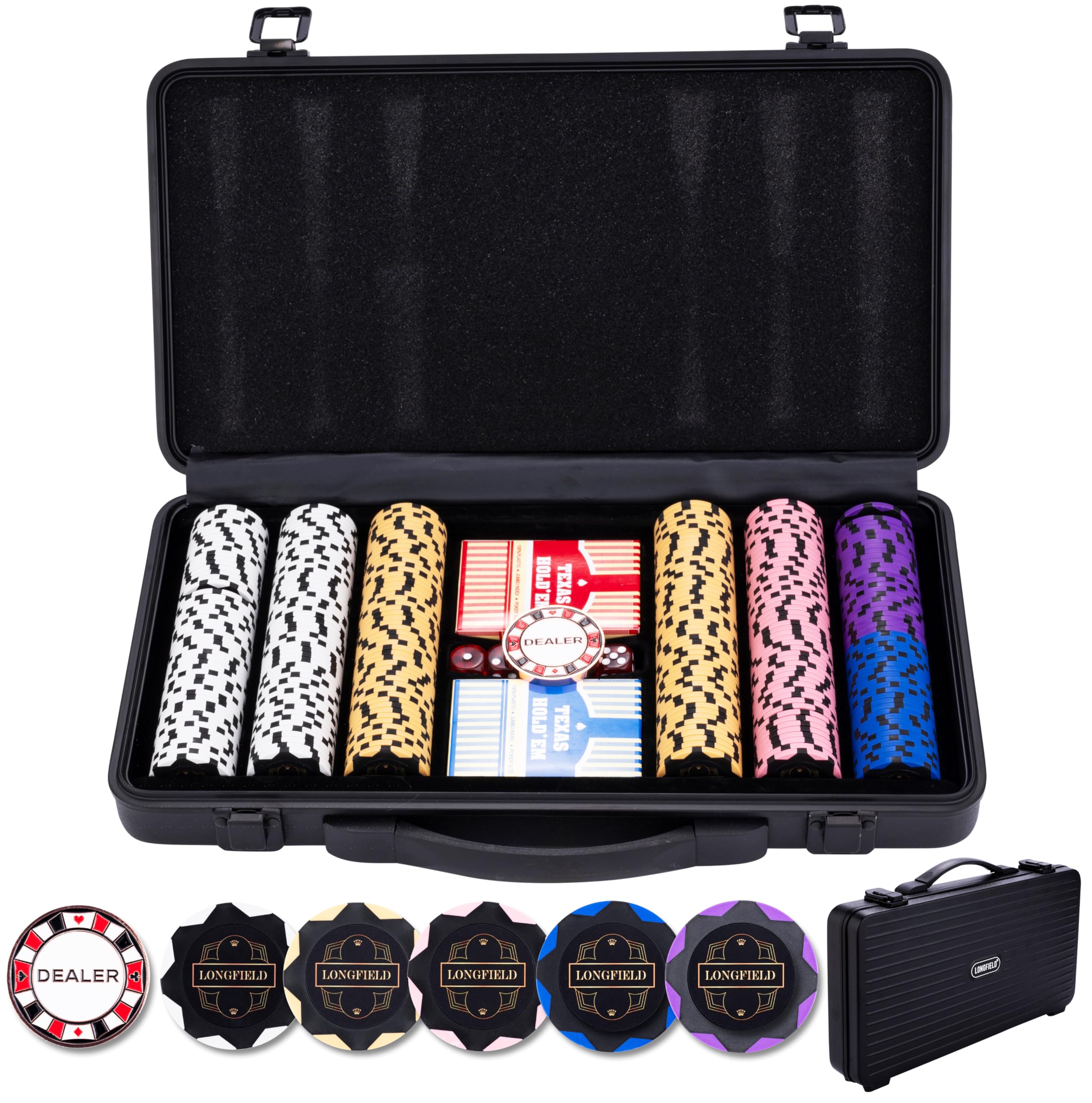 Engelhart - 320950 - Poker Set - Black Metal Case - 300 14g Chips without Number + 2 Games of Cards, 1 Dealer Button, 5 Dice