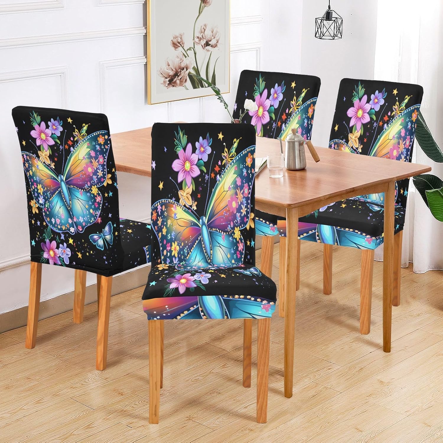 ALAZA Chair Covers for Dining Room, Flower Big Butterfly Stretch Chair Cover Sets Chair Protector Removable Washable for Ktichen Restaurant Hotel